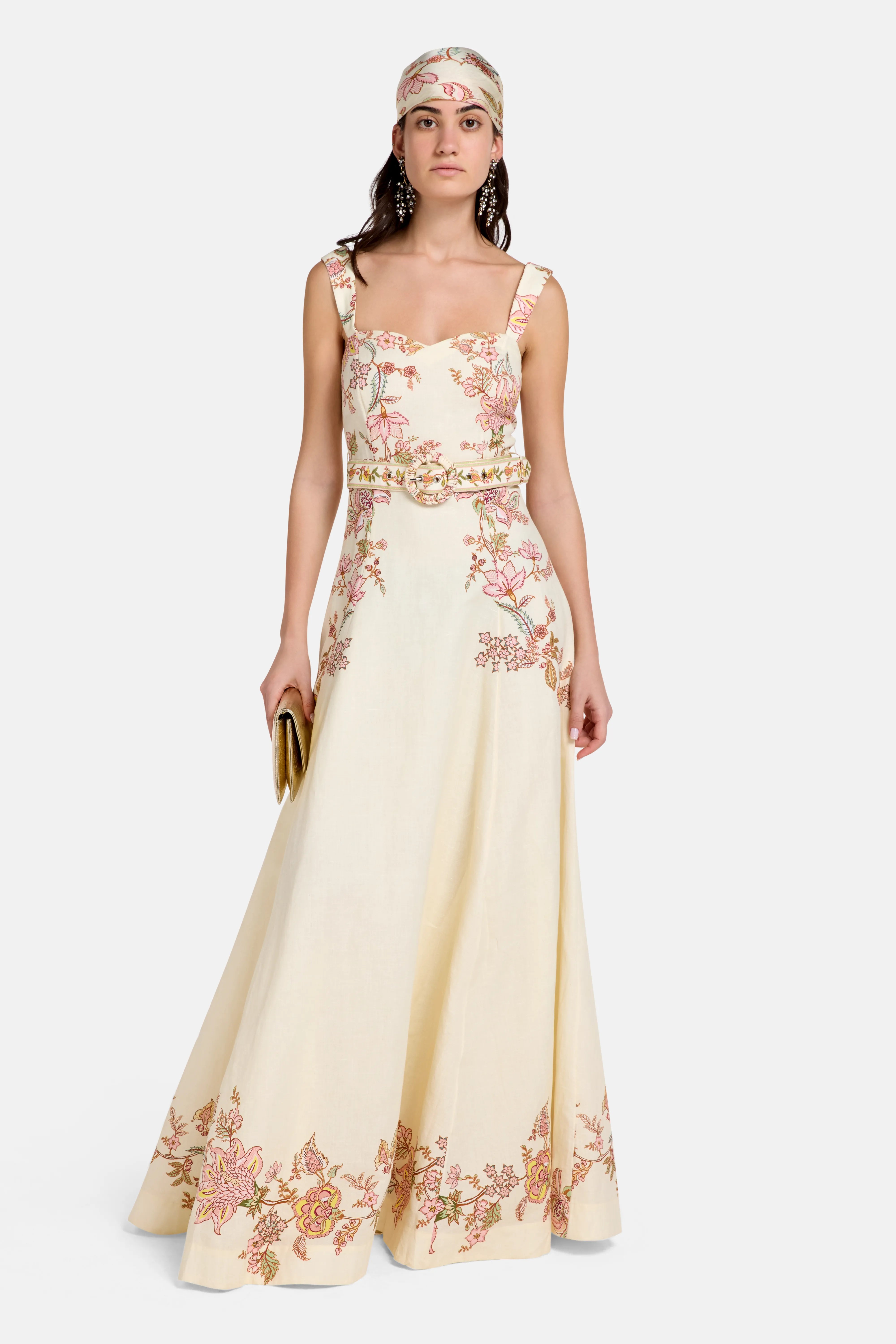 Sweetheart Neck Belted Floral Maxi Dress in Pink