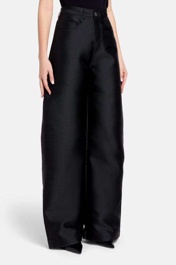 Boyfriend Style Satin Wide Legged Trousers in Black