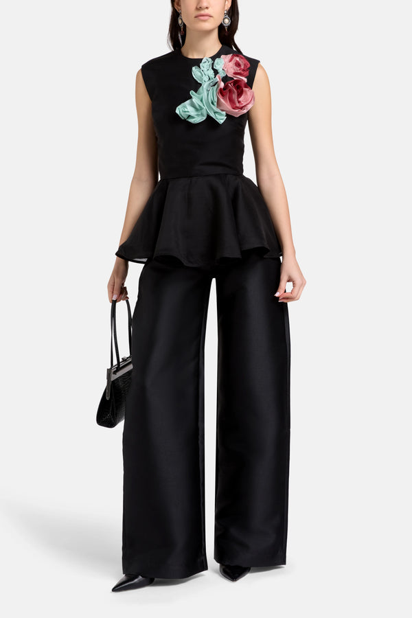 Boyfriend Style Satin Wide Legged Trousers in Black
