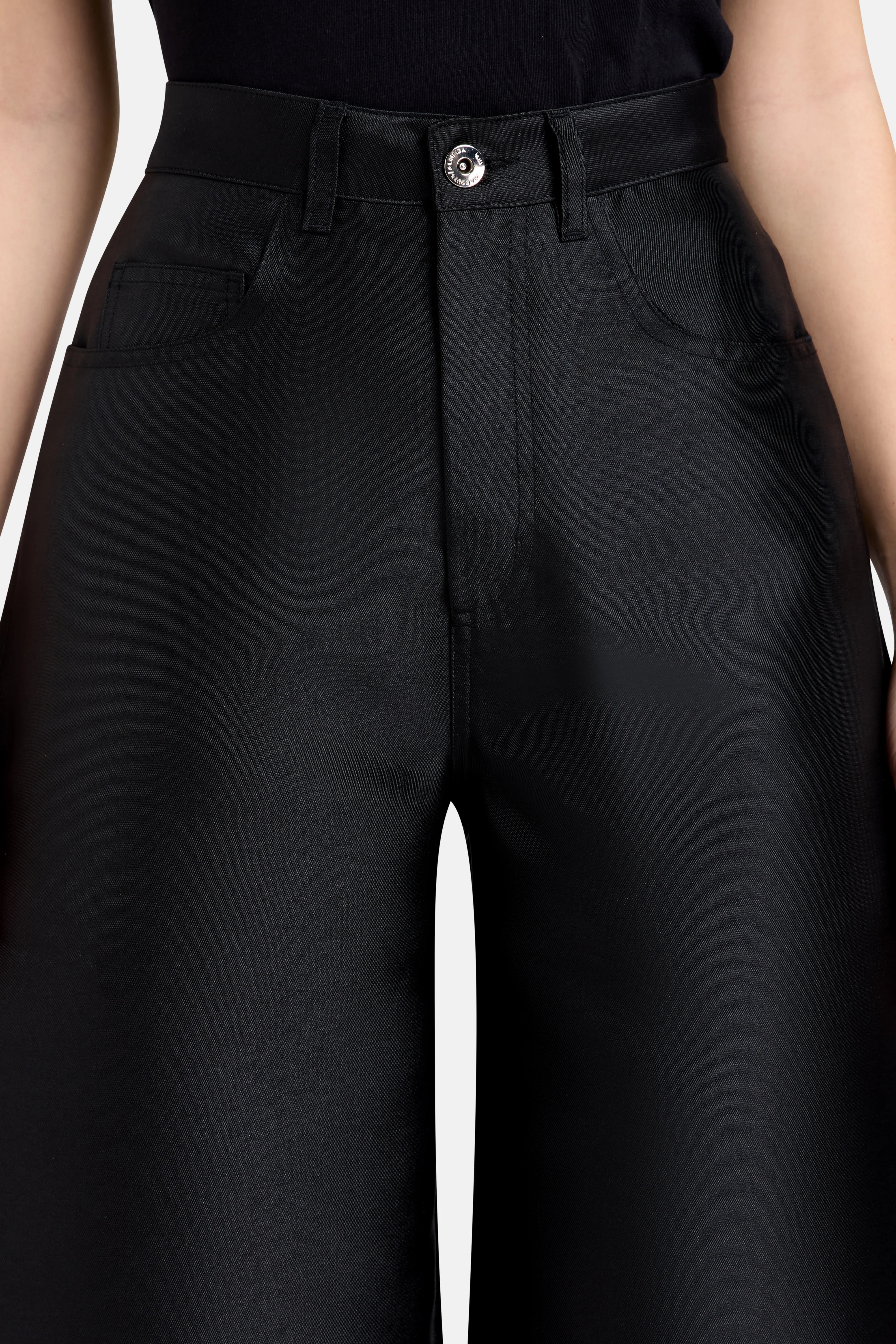 Boyfriend Style Satin Wide Legged Trousers in Black