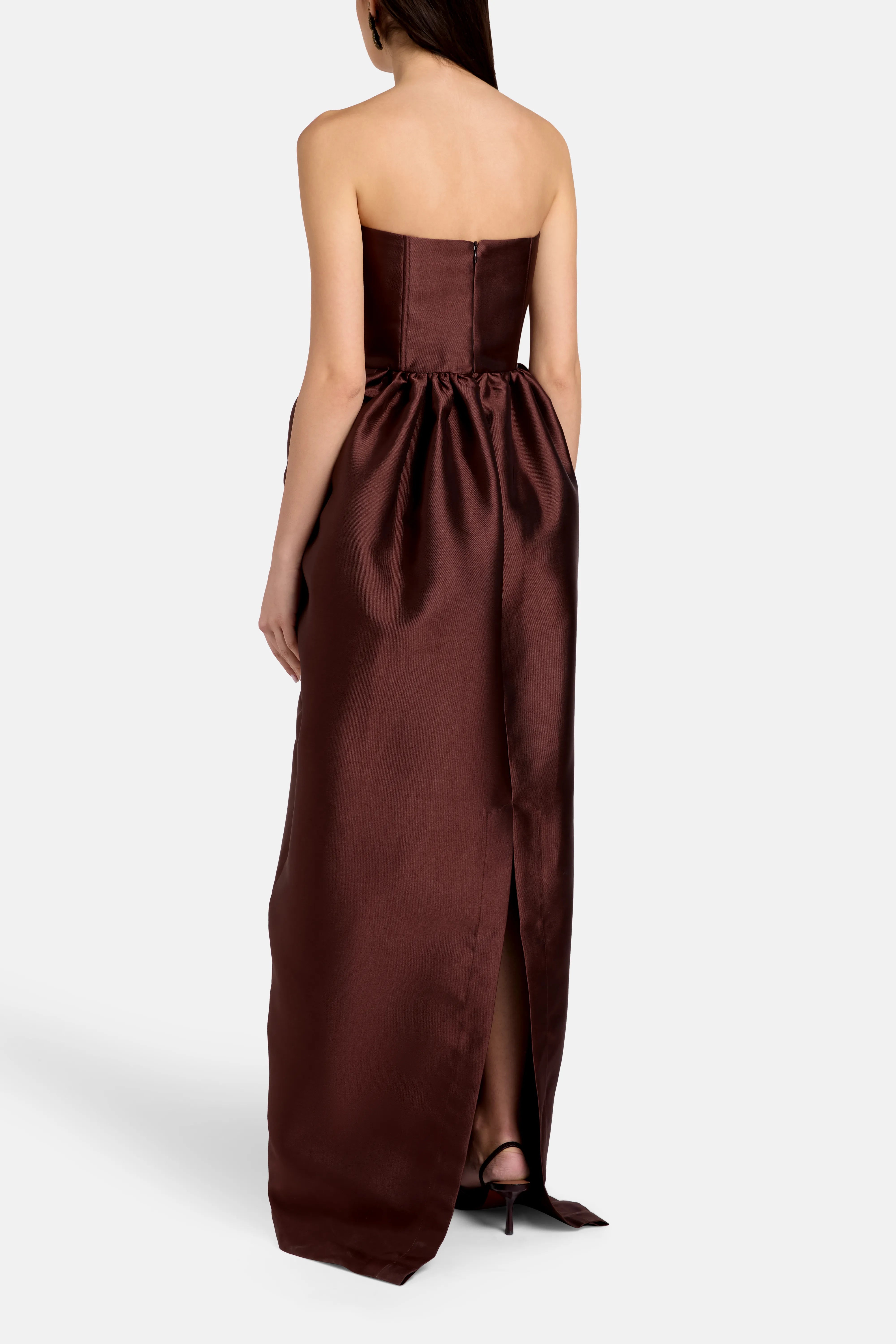 Tuplip Strapless Satin Evening Dress in Brown