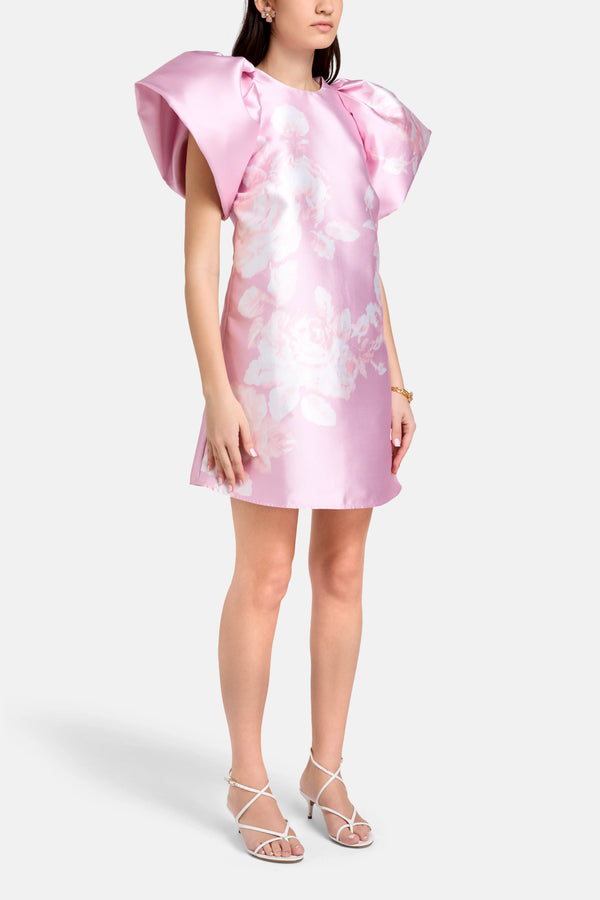 Floral Satin Balloon Sleeves Mini Dress in Pink