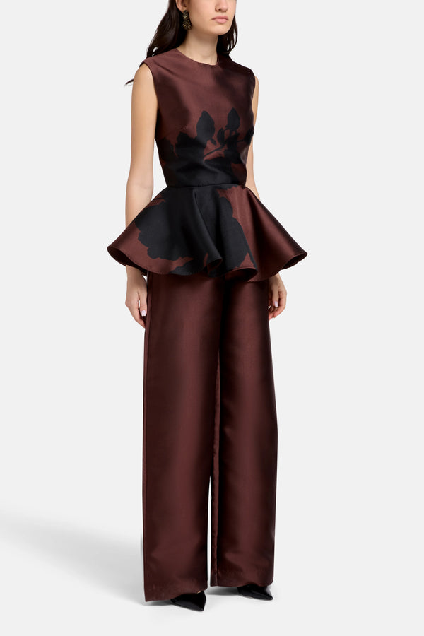 Sleeveless Satin Peplum Top in Brown