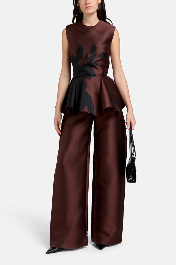 Sleeveless Satin Peplum Top in Brown