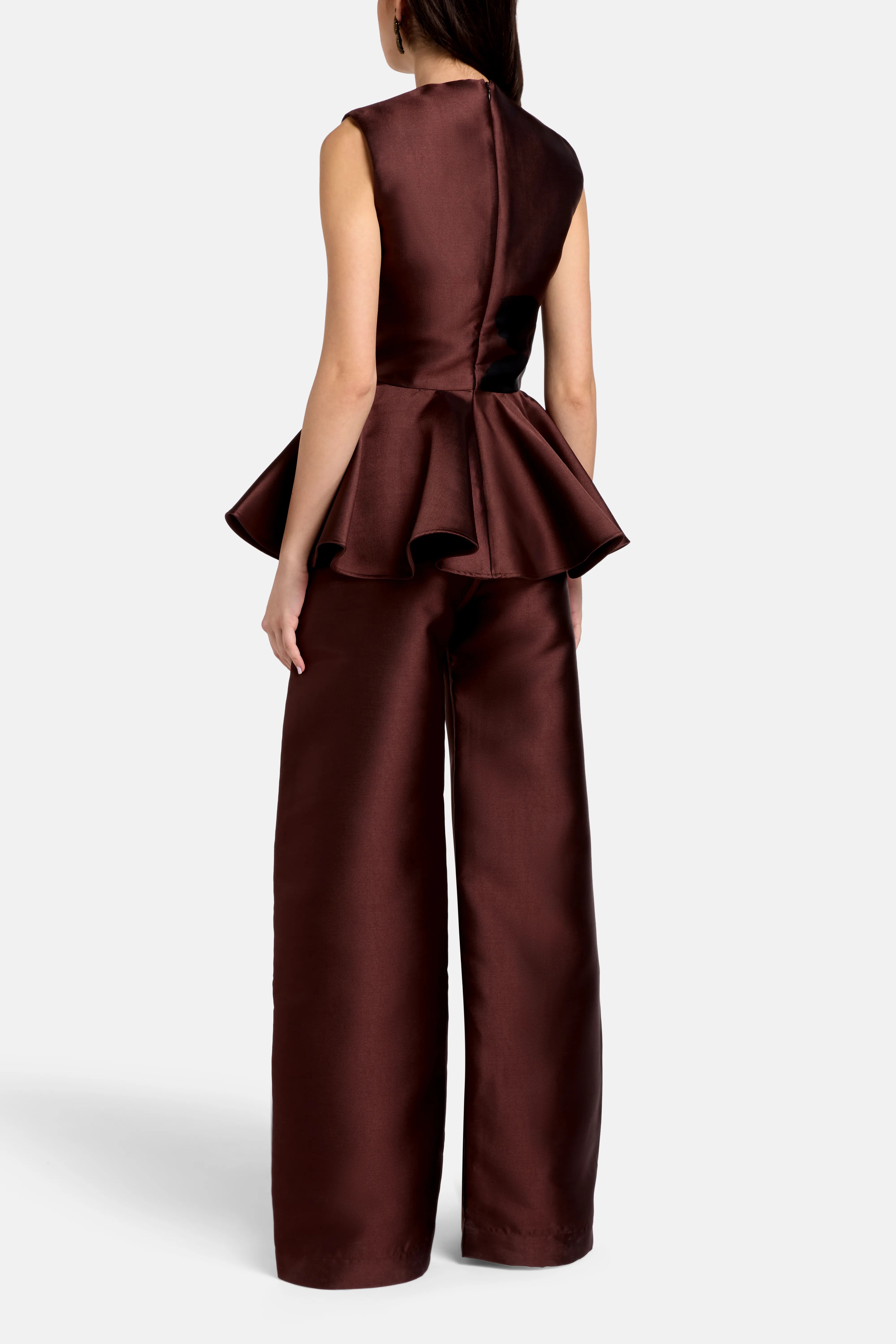 Sleeveless Satin Peplum Top in Brown