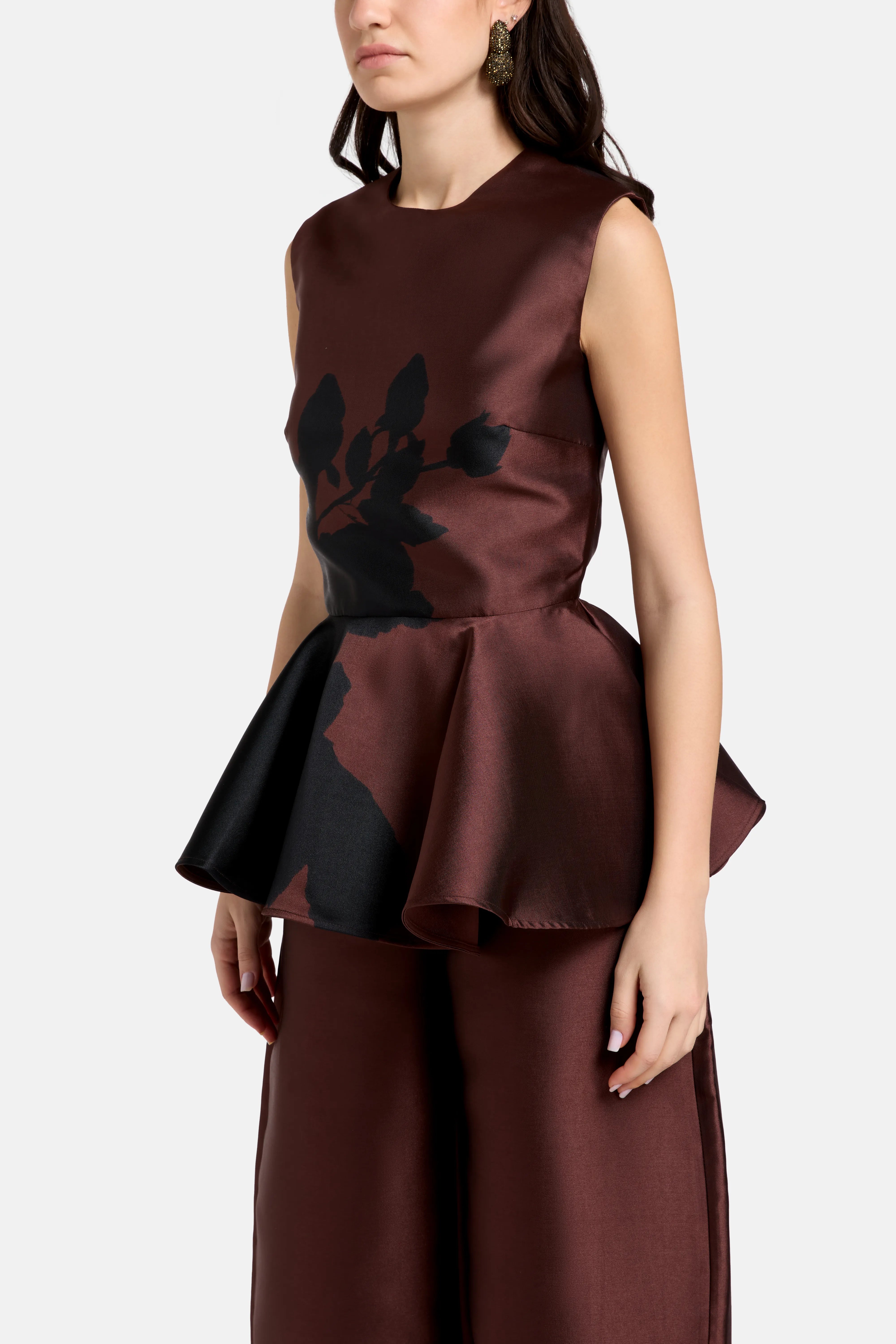 Sleeveless Satin Peplum Top in Brown