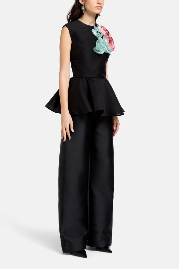 Floral Embellished Satin and Chiffon Sleeveless Top in Black
