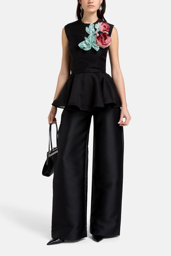 Floral Embellished Satin and Chiffon Sleeveless Top in Black
