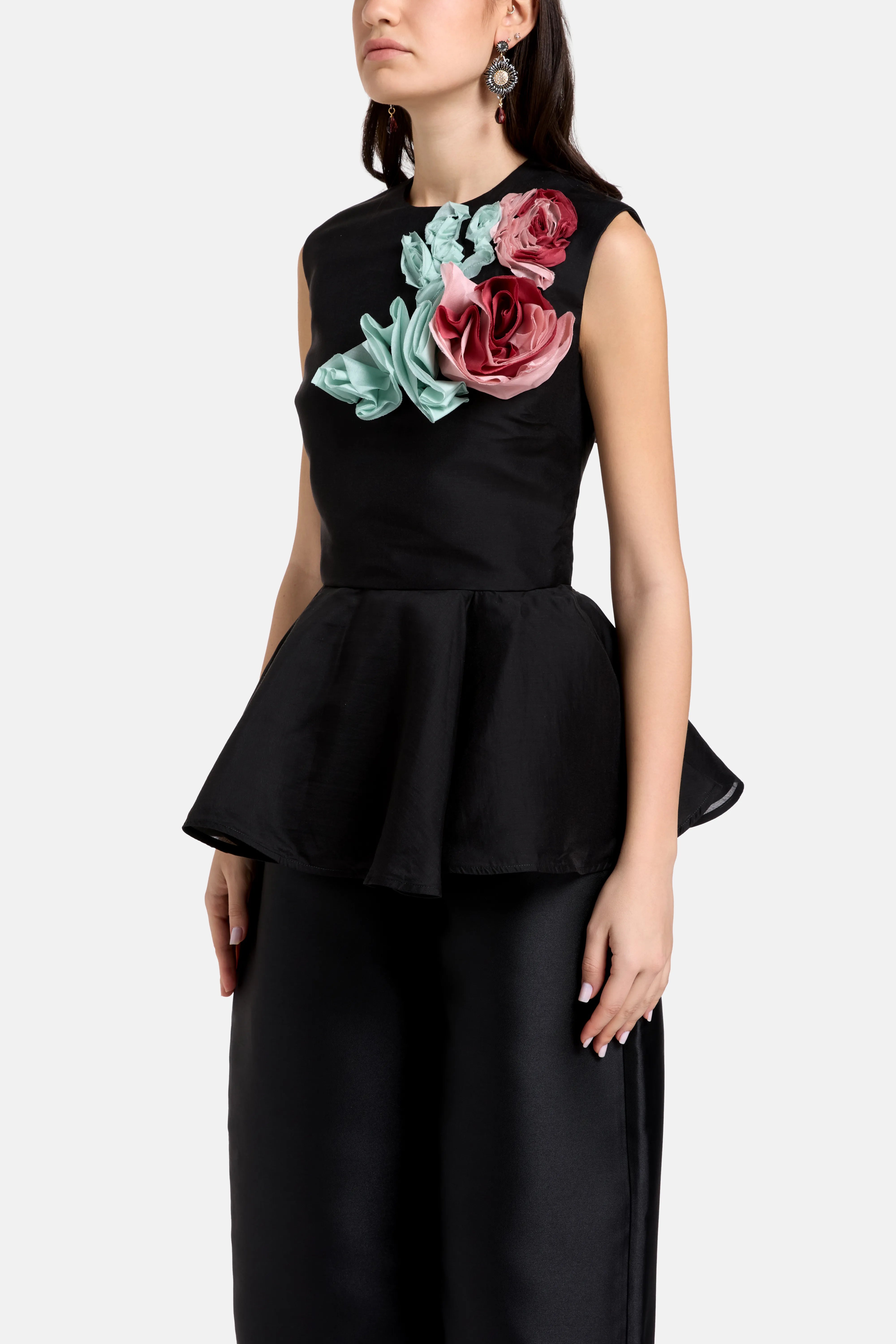 Floral Embellished Satin and Chiffon Sleeveless Top in Black