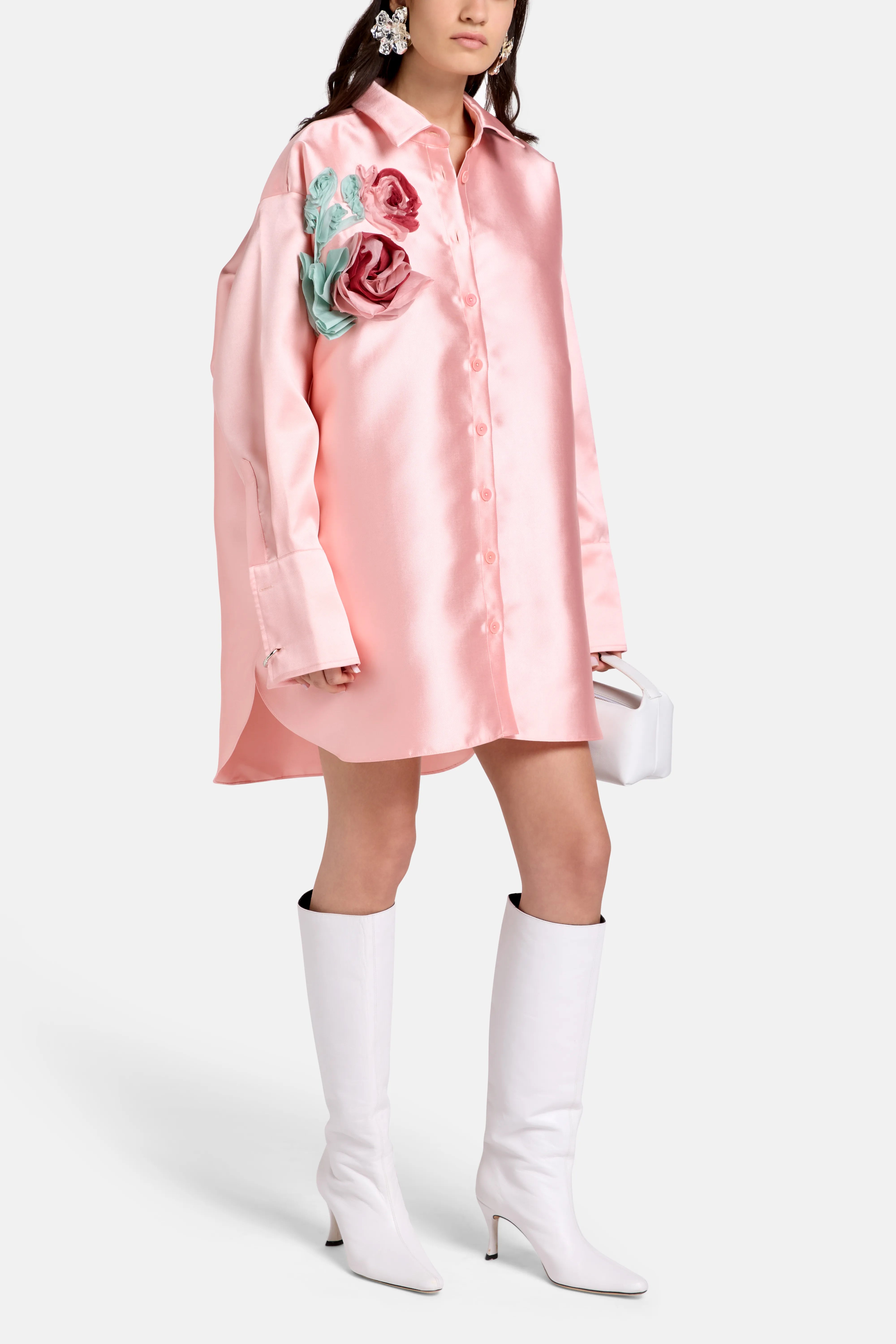 Floral Embellished Satin Oversized Shirt in Pink