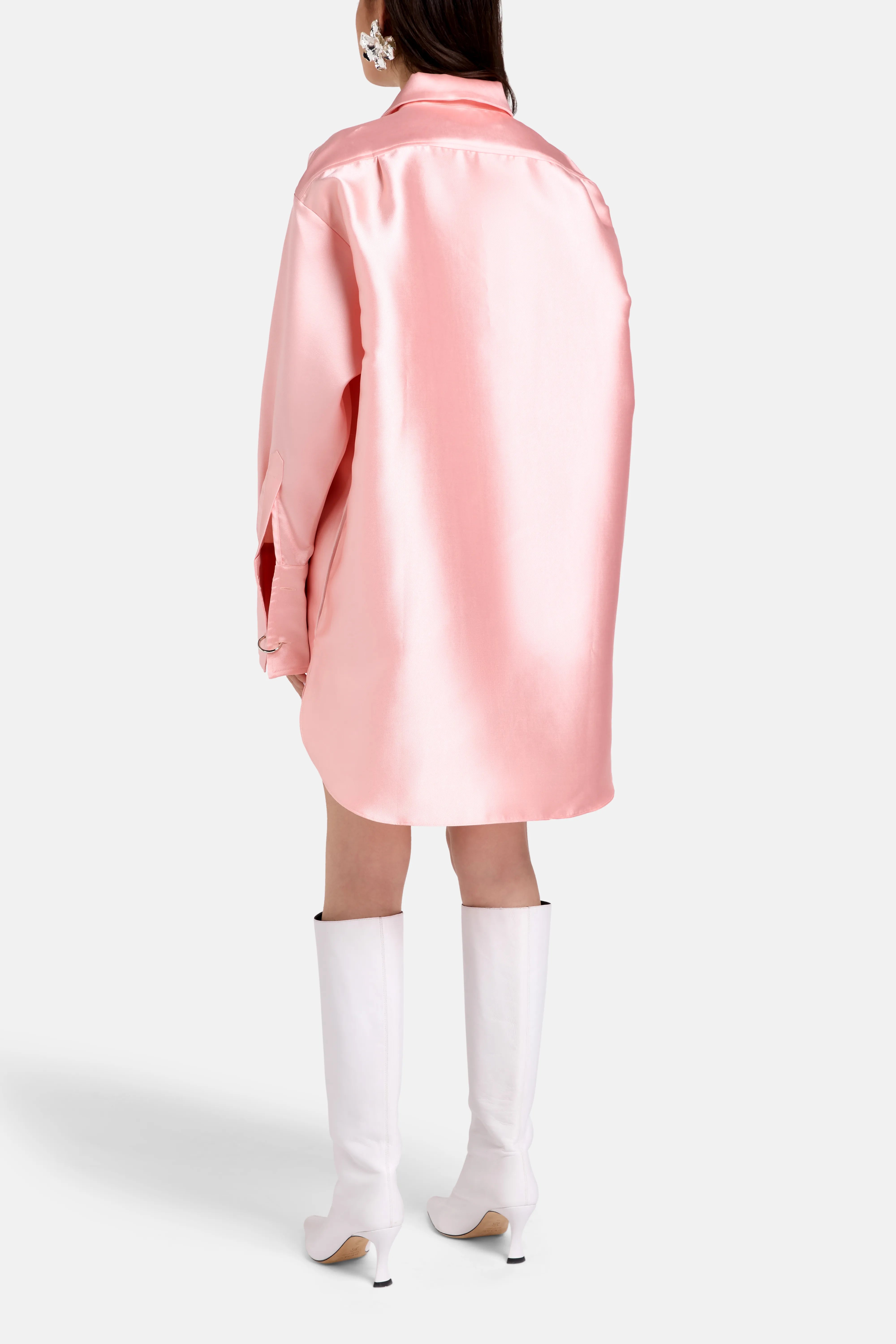 Floral Embellished Satin Oversized Shirt in Pink