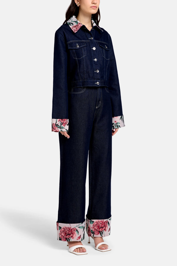 Indigo Denim Cotton Floral Brocade Jacket in Blue