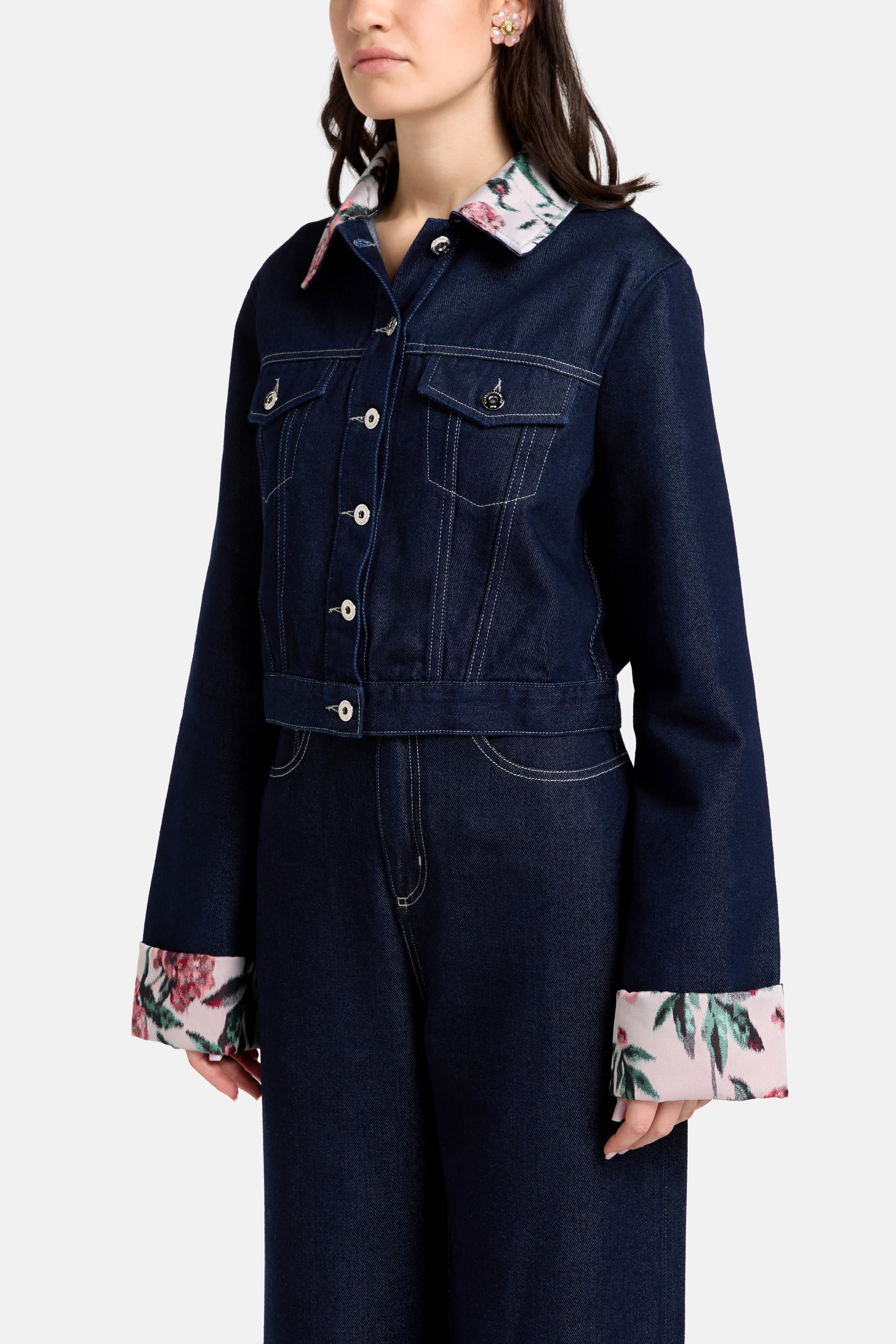 Indigo Denim Cotton Floral Brocade Jacket in Blue