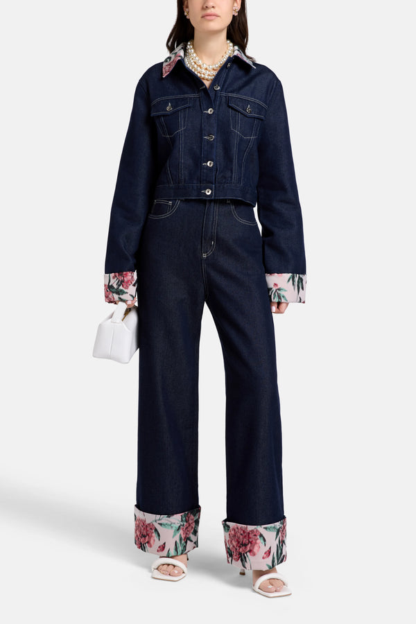 Indigo Floral Brocade Denim Cotton Wide Legged Jeans in Blue
