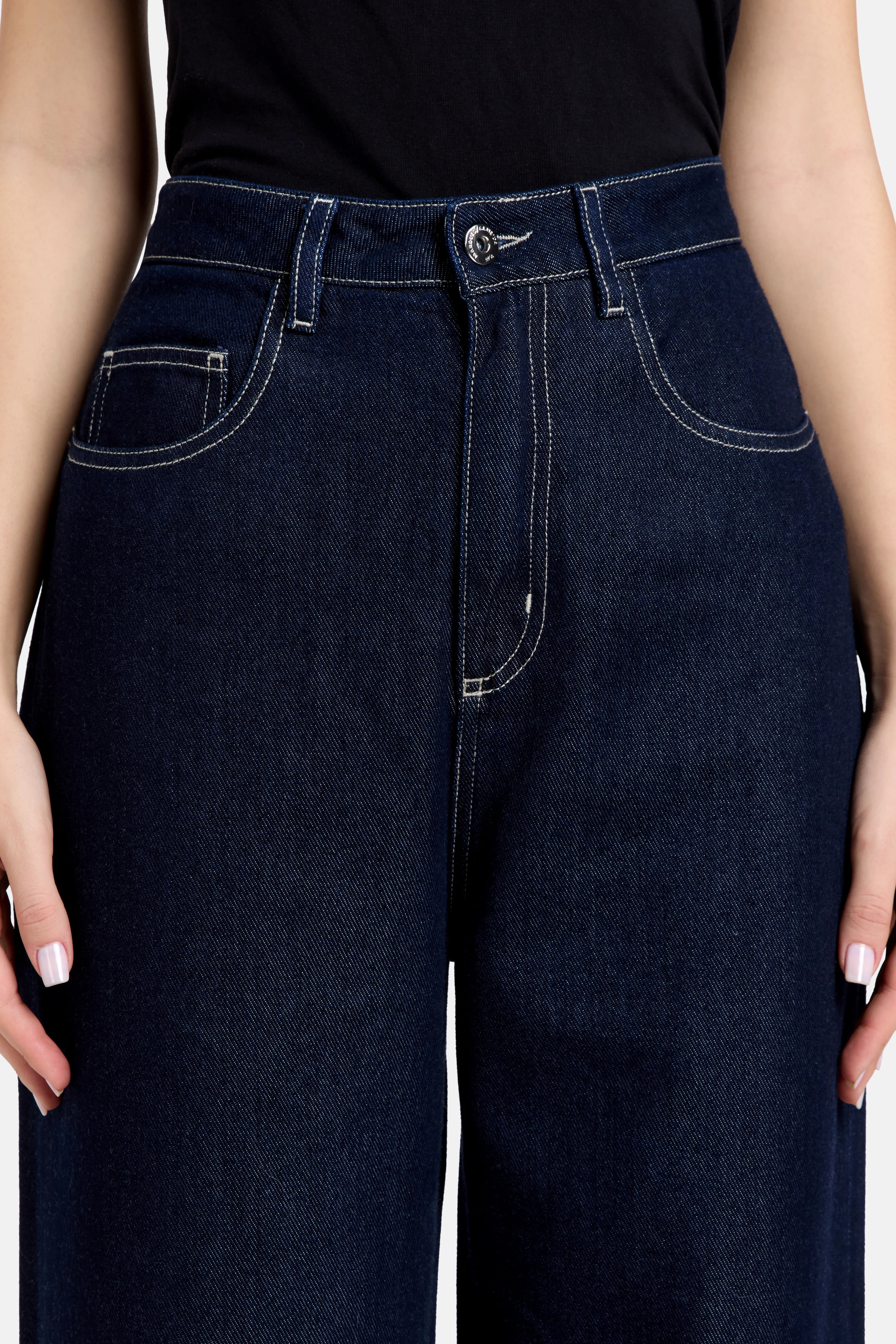 Indigo Floral Brocade Denim Cotton Wide Legged Jeans in Blue