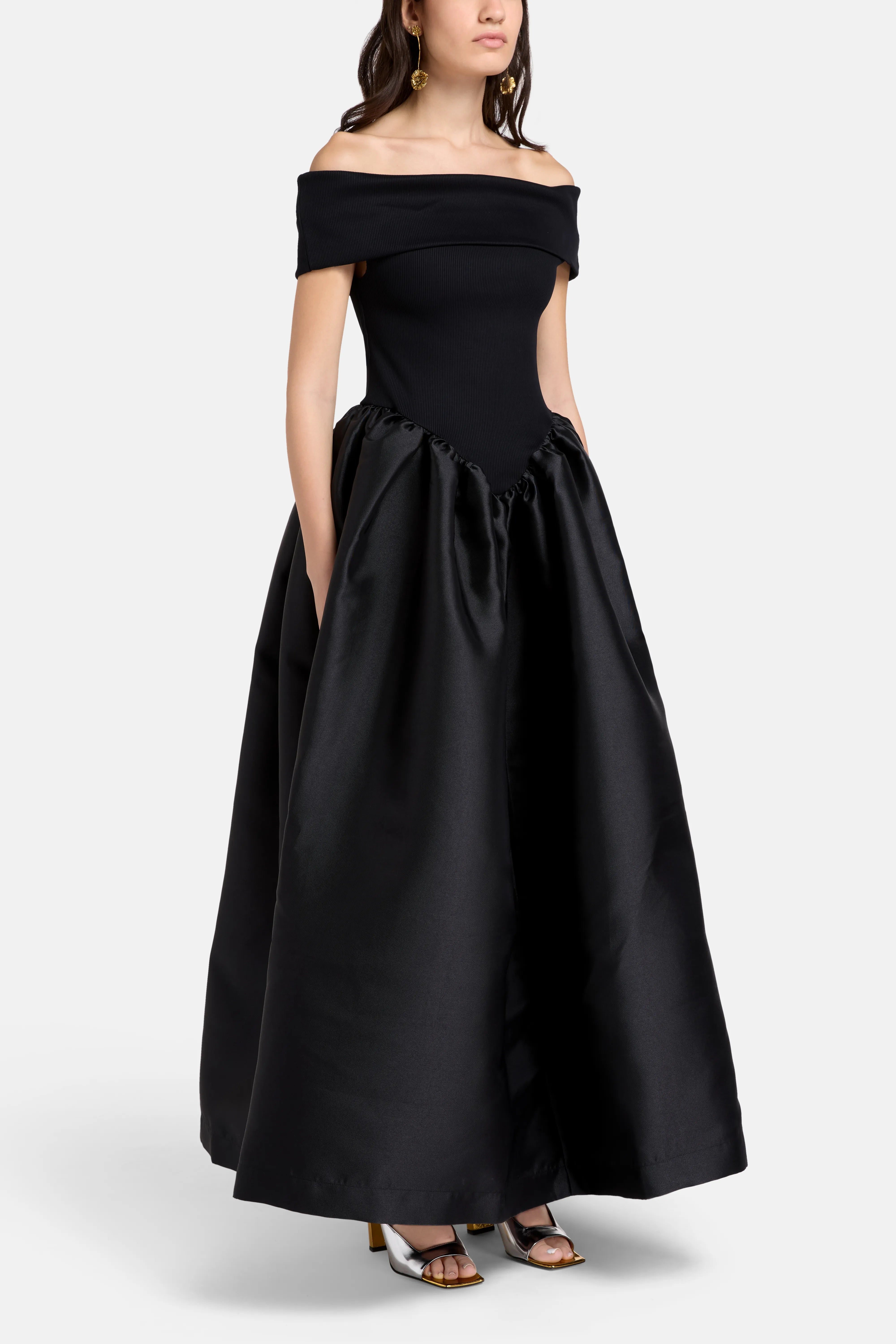 Princess Off Shoulder Satin Maxi Dress in Black