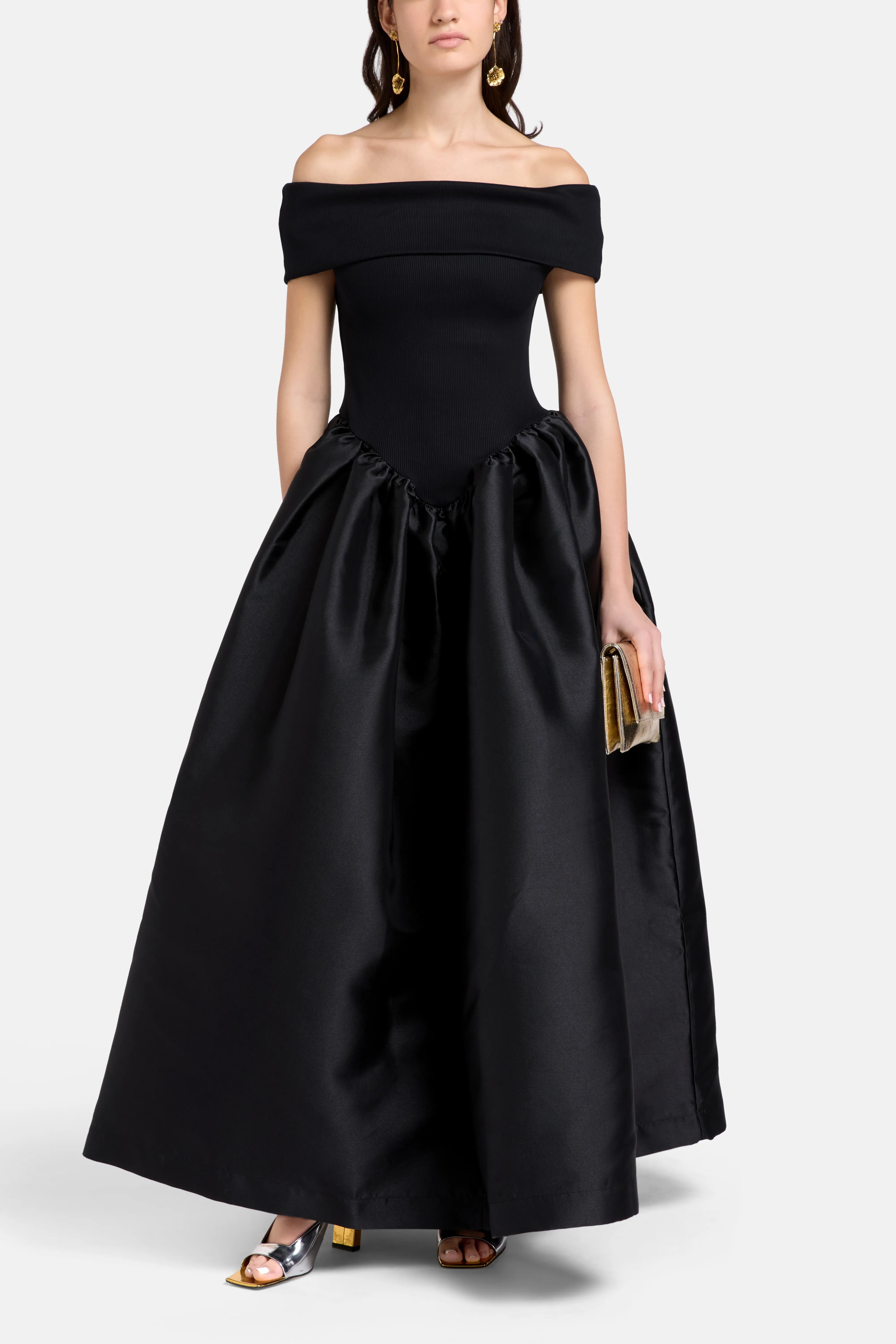 Princess Off Shoulder Satin Maxi Dress in Black