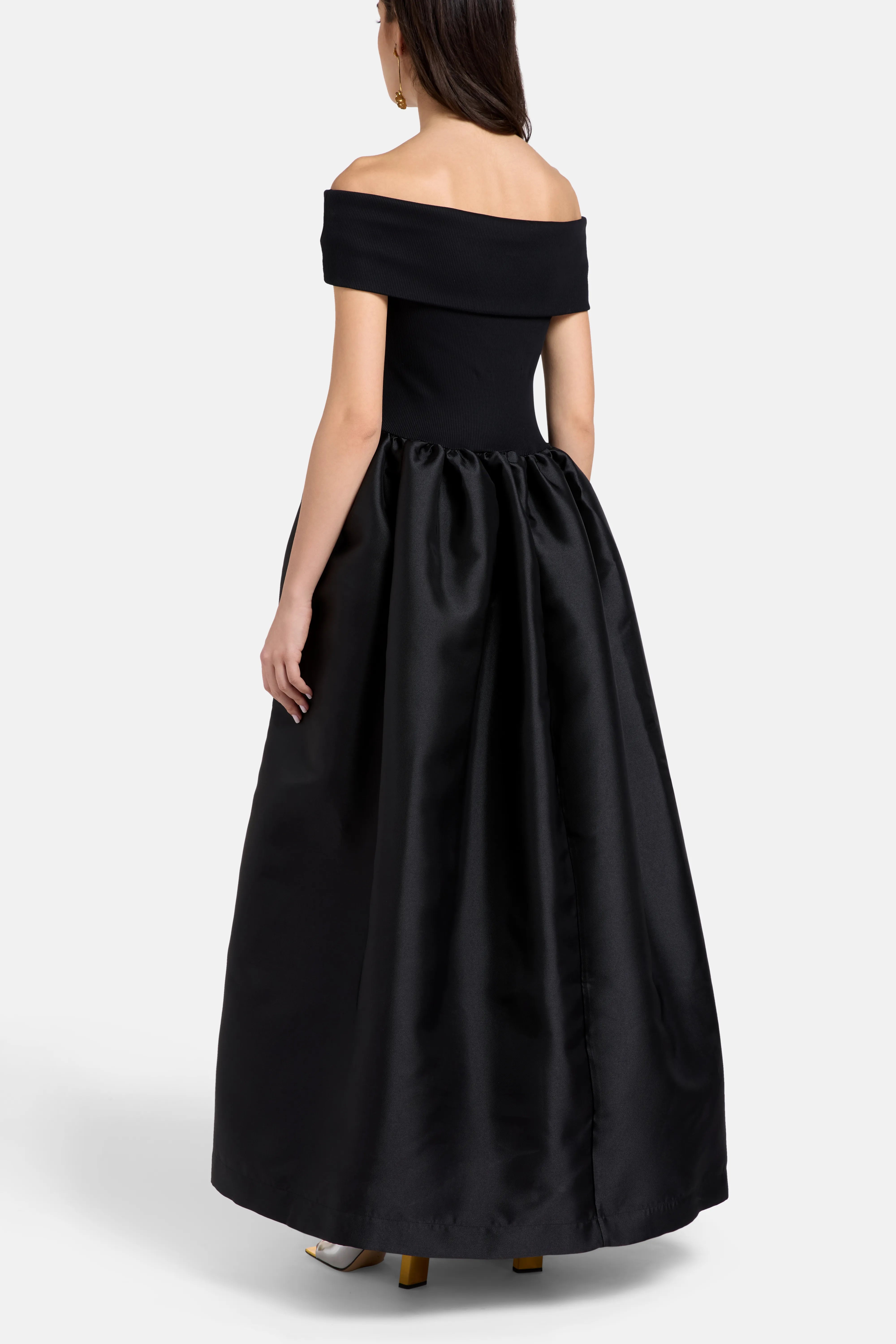 Princess Off Shoulder Satin Maxi Dress in Black