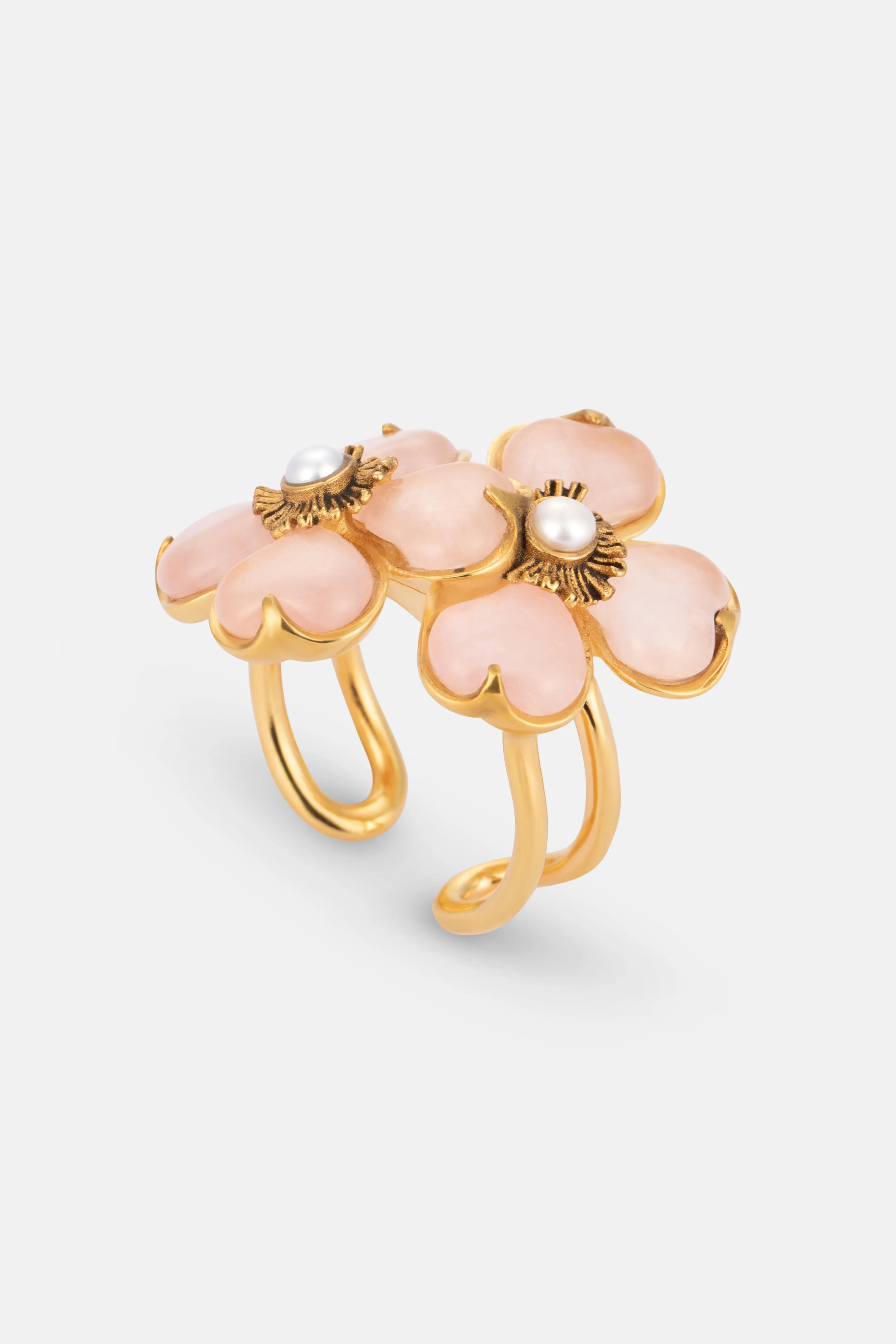 Double Trefle Quartz Ring in Pink