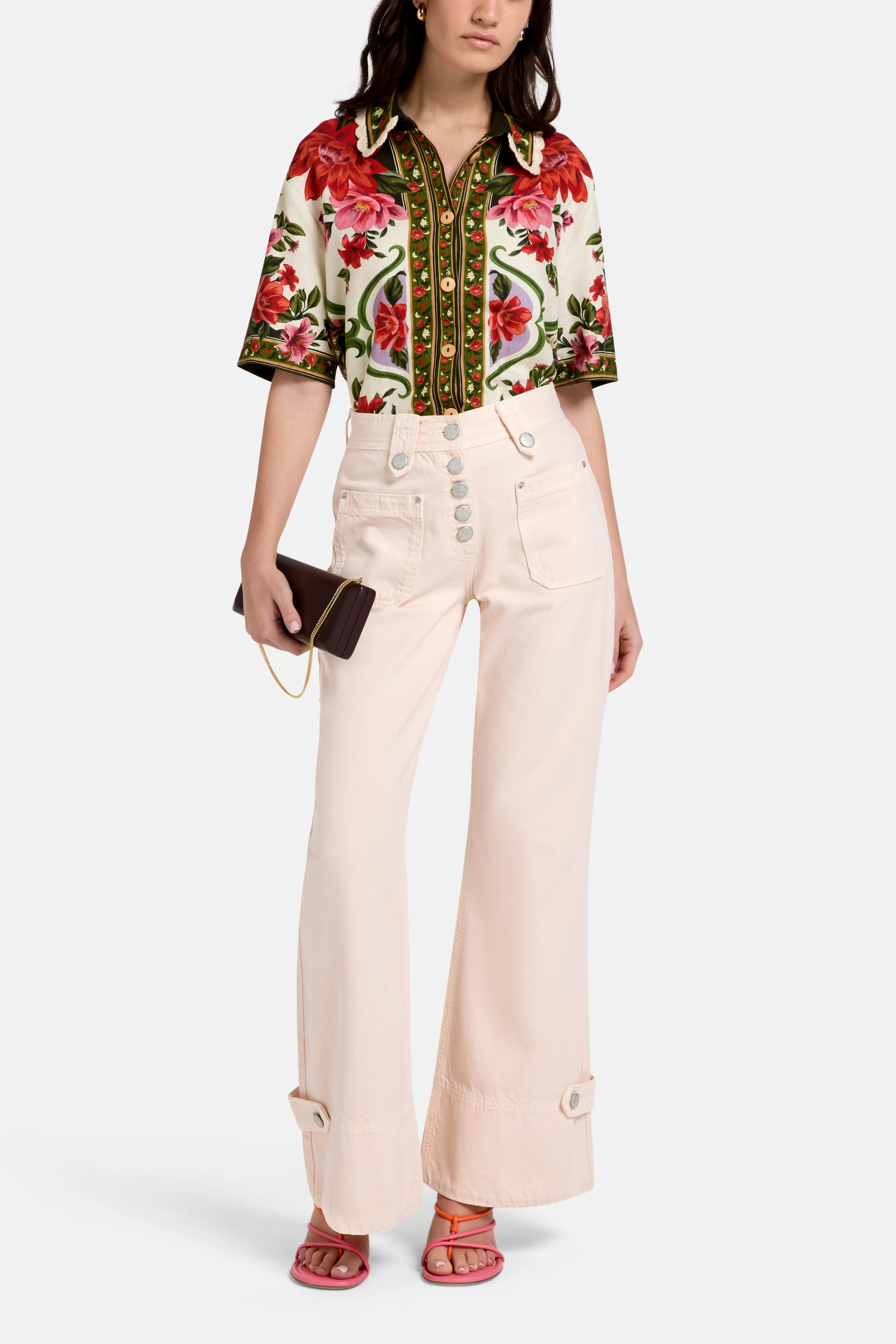 High Waisted Cotton Flared Pants in Pink