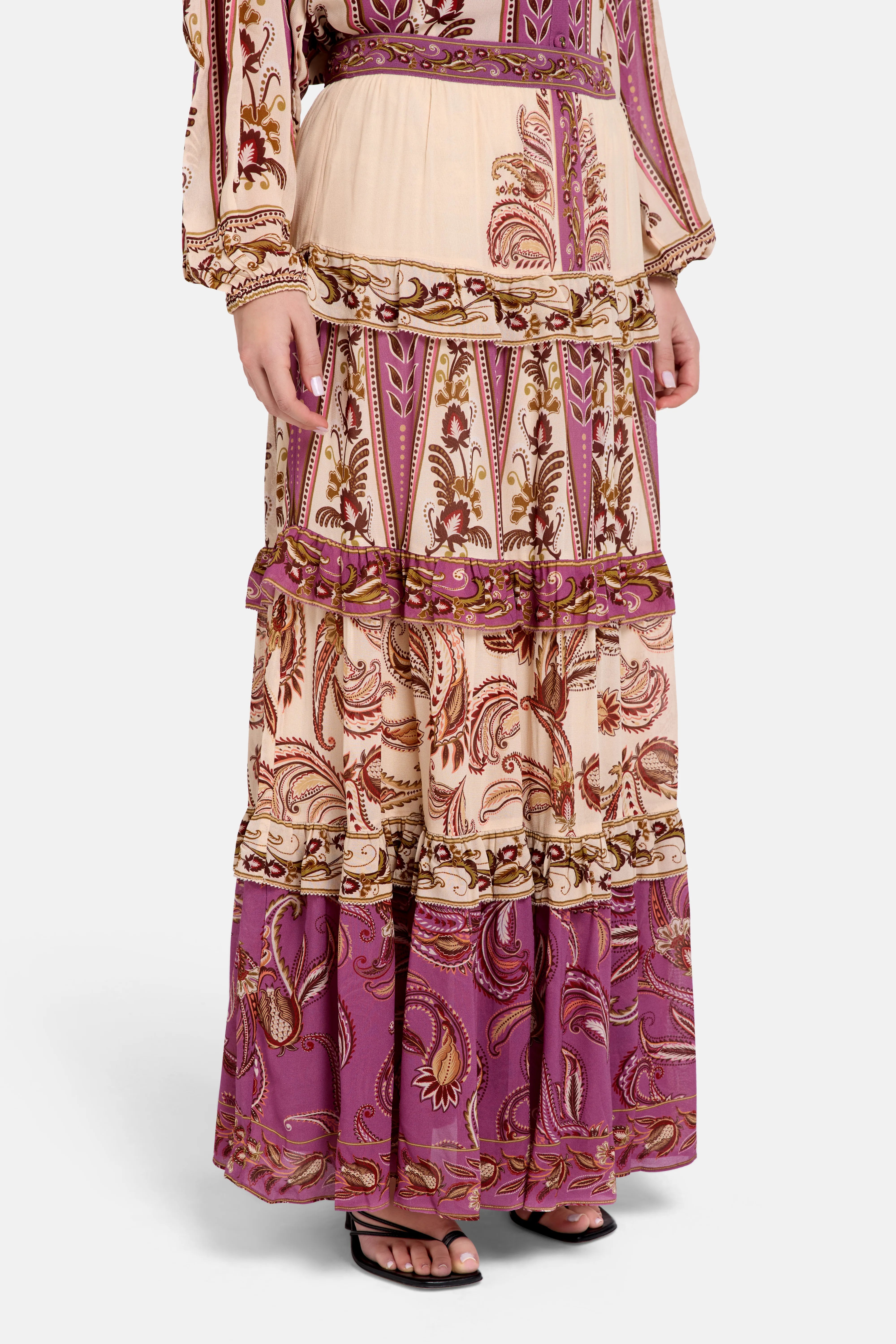 Delicate Ainika Sand Ruffles Maxi Skirt in Brown