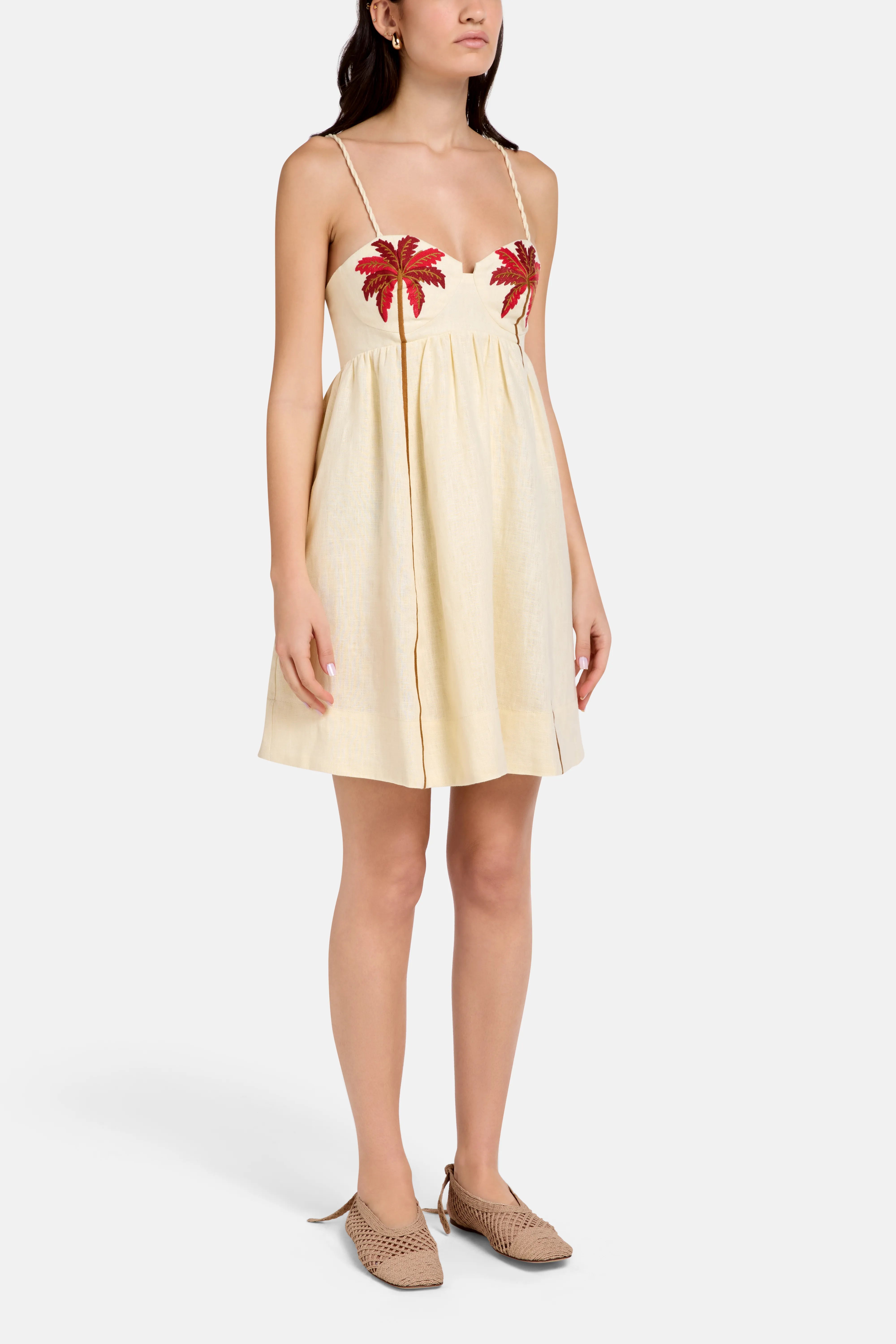 Buy the Coconut Tree Embroidered Linen Mini Dress in Brown Buy the Coconut Tree Embroidered Linen Mini Dress in Brown