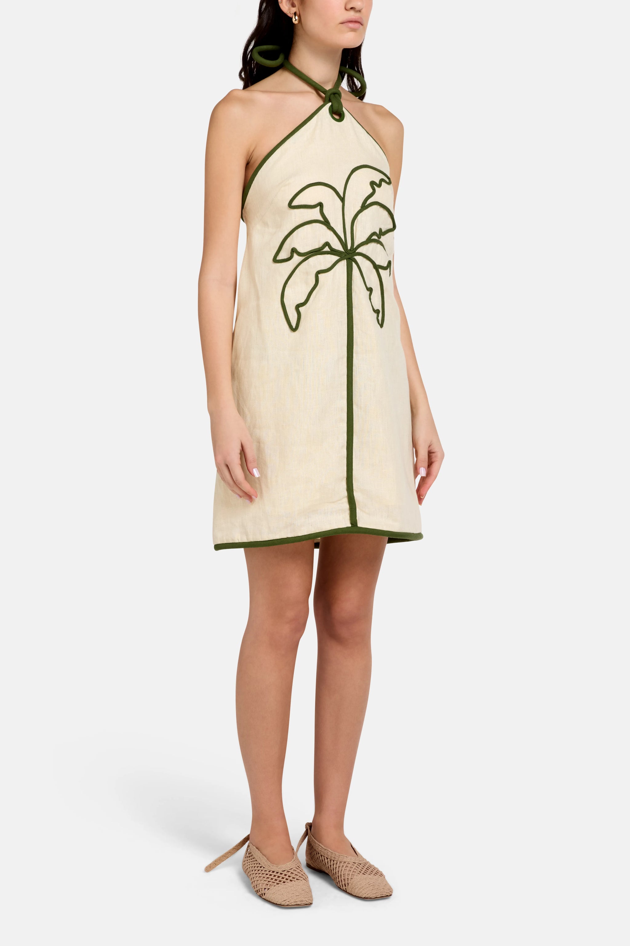 Buy the Sand Coconut Sleeveless Linen Mini Dress in Brown