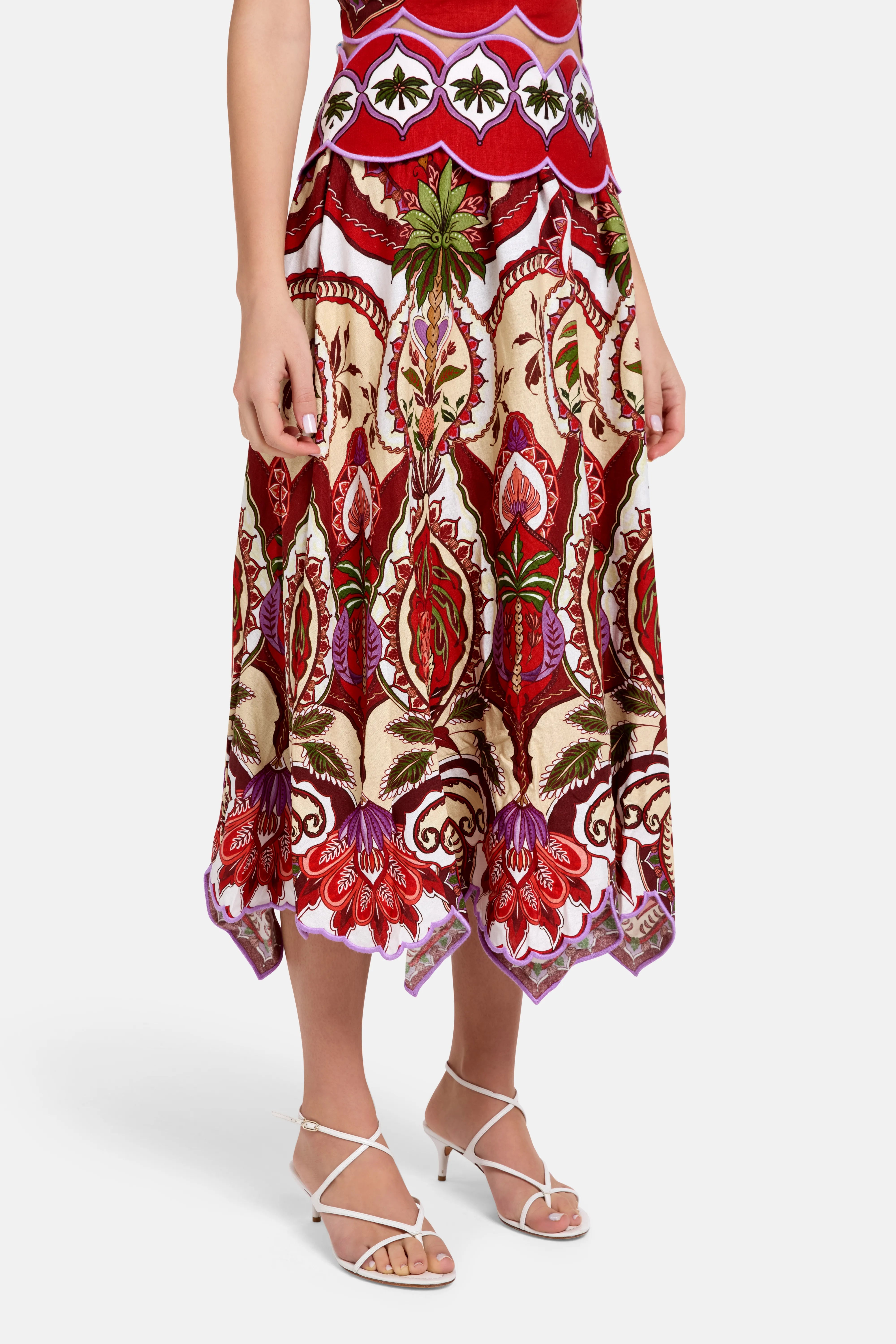 Odara Scallops Linen Midi Skirt in Red