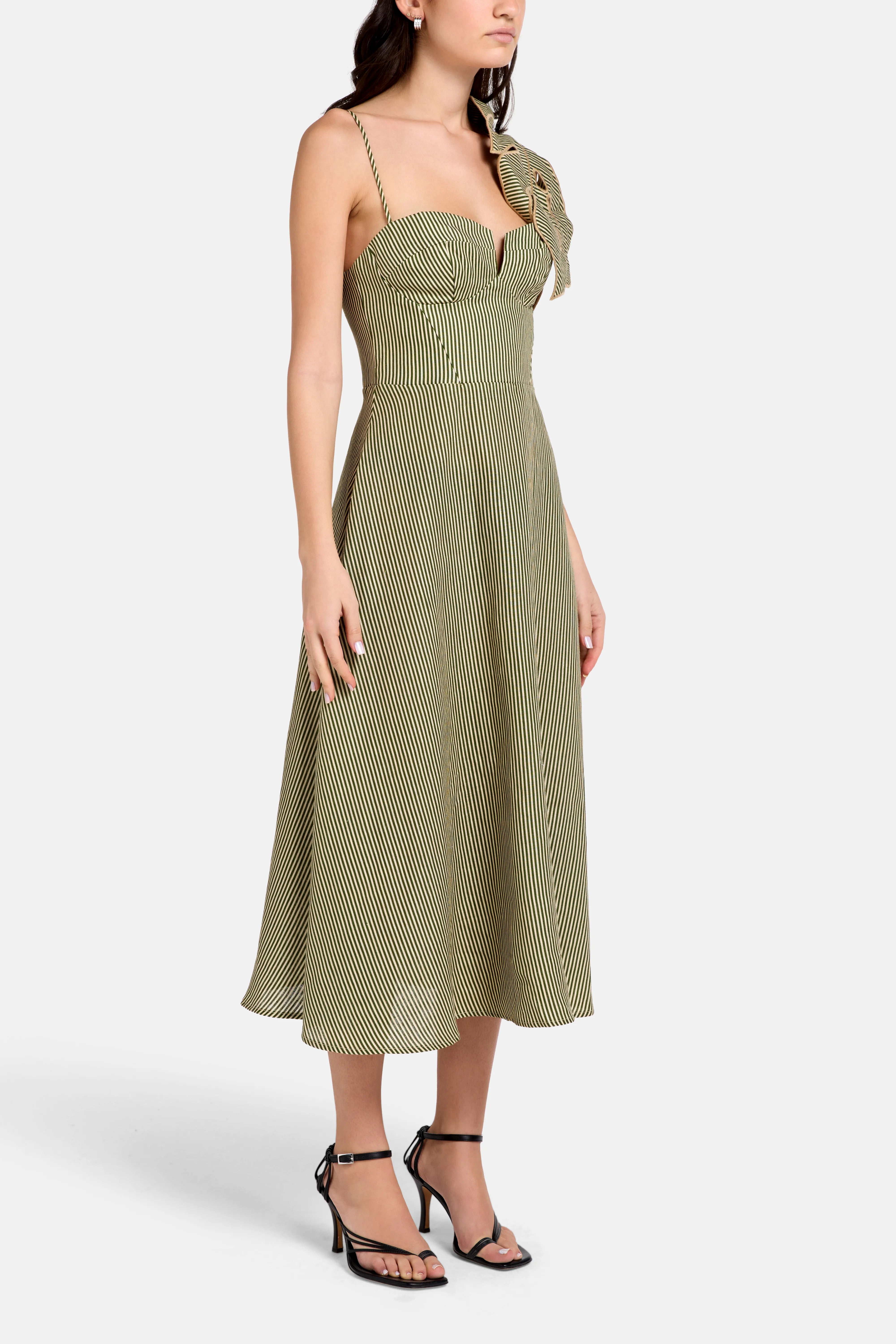 Buy the Green Striped Monstera Leaf Linen Midi Dress