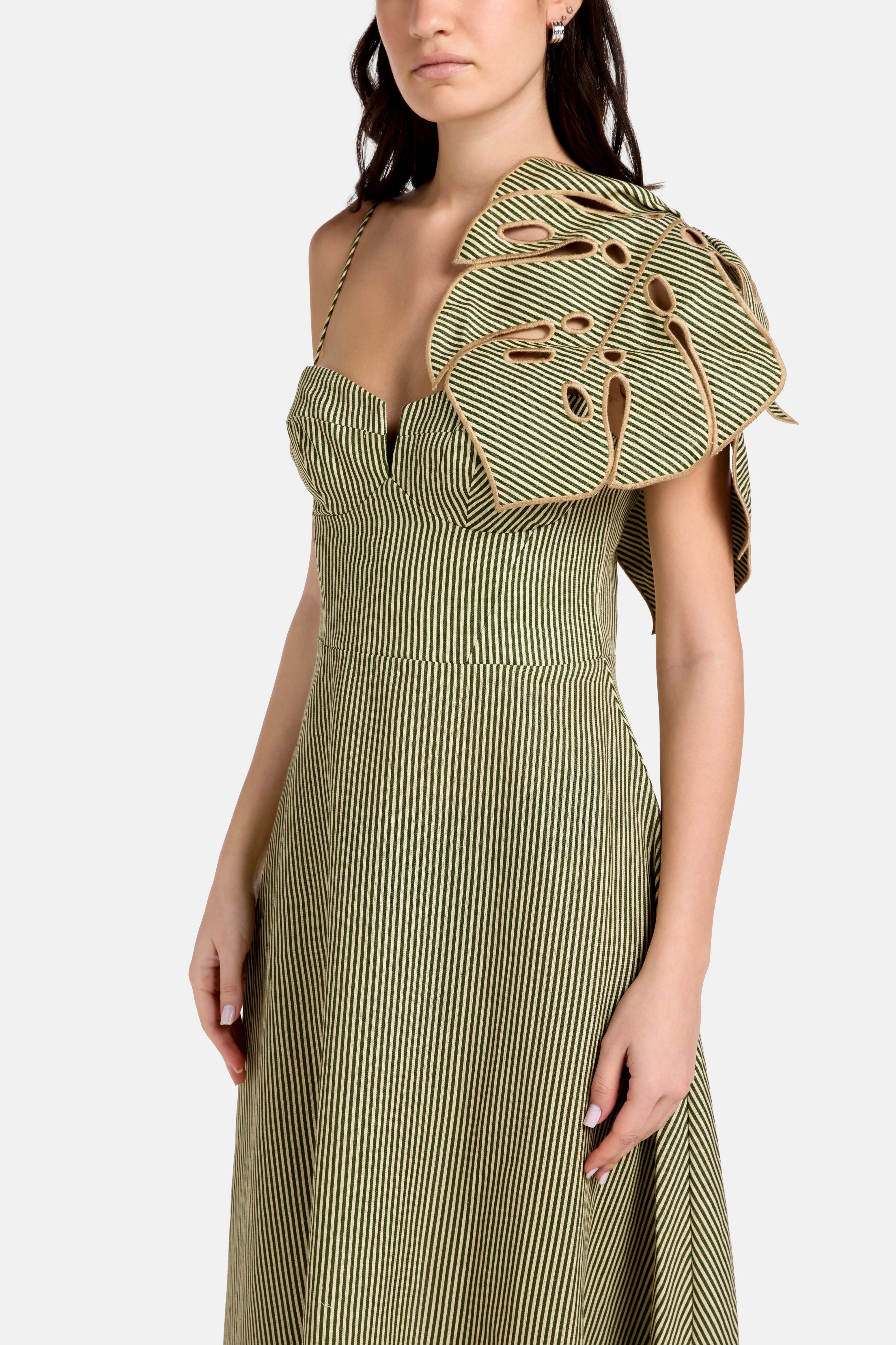 Buy the Green Striped Monstera Leaf Linen Midi Dress