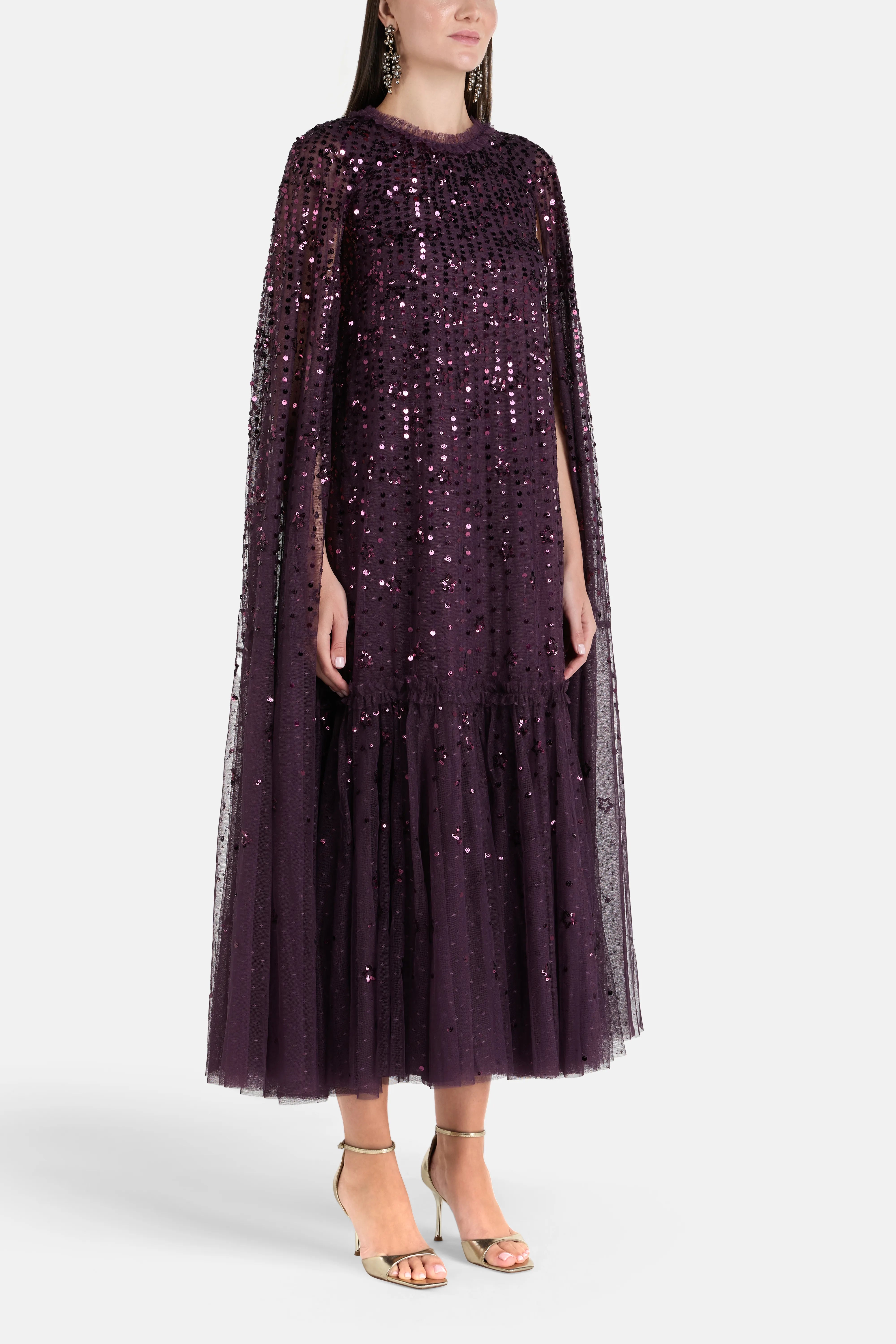 Shop the Falling Stars Sequins Cape Evening Dress in Purple