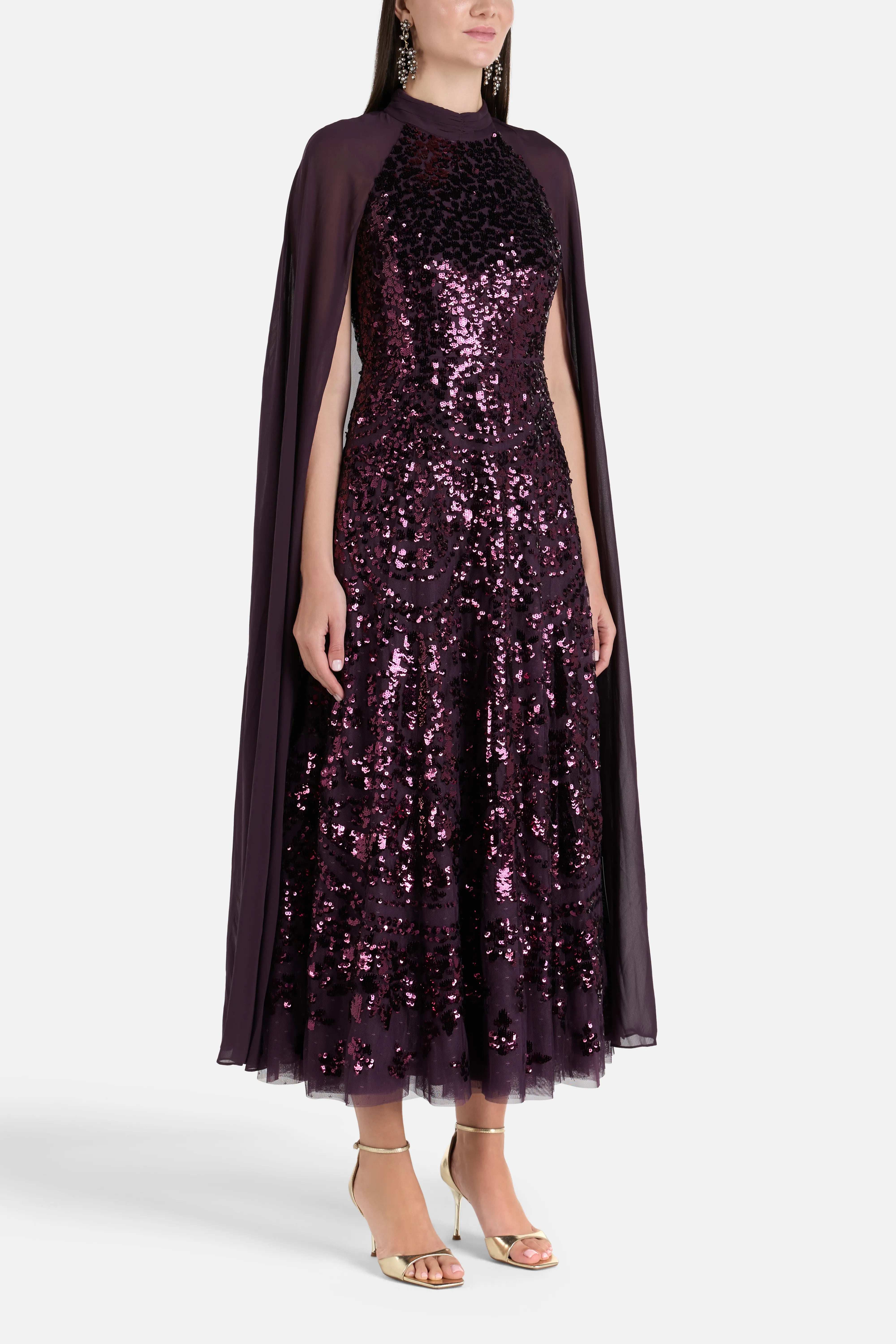 Chandelier Sequins Cape Evening Dress in Purple