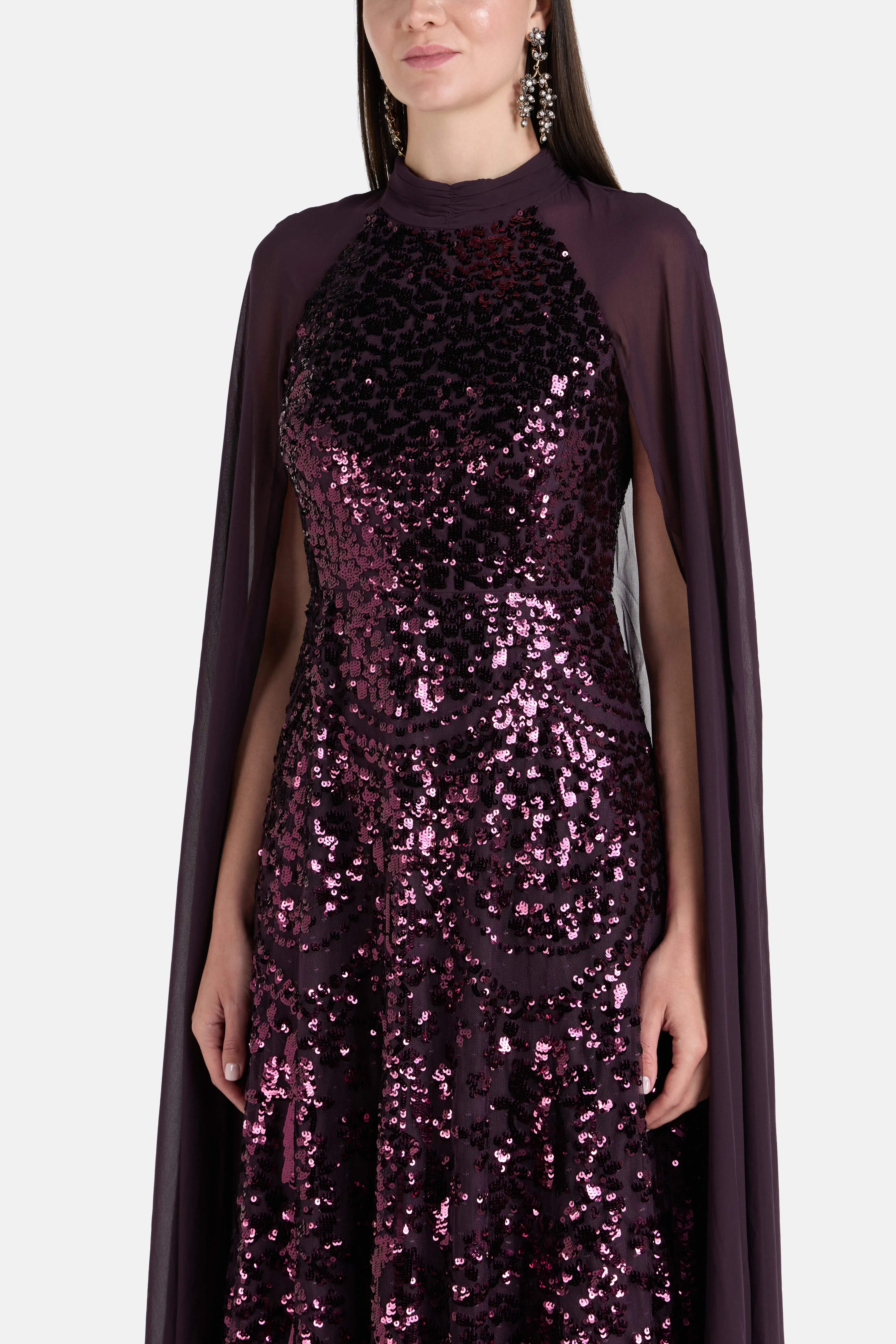 Chandelier Sequins Cape Evening Dress in Purple