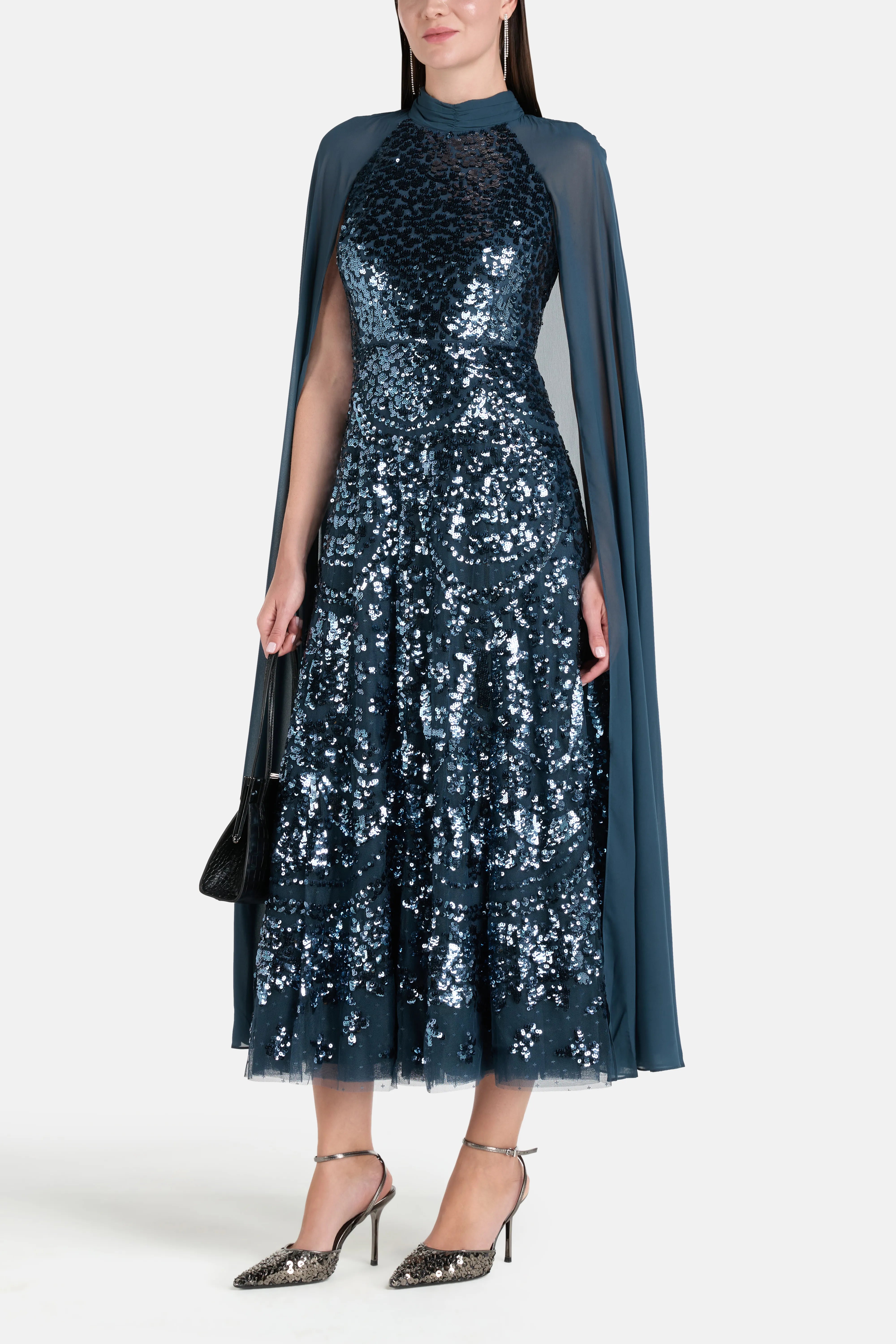 Chandelier Sequins Cape Evening Dress in Blue