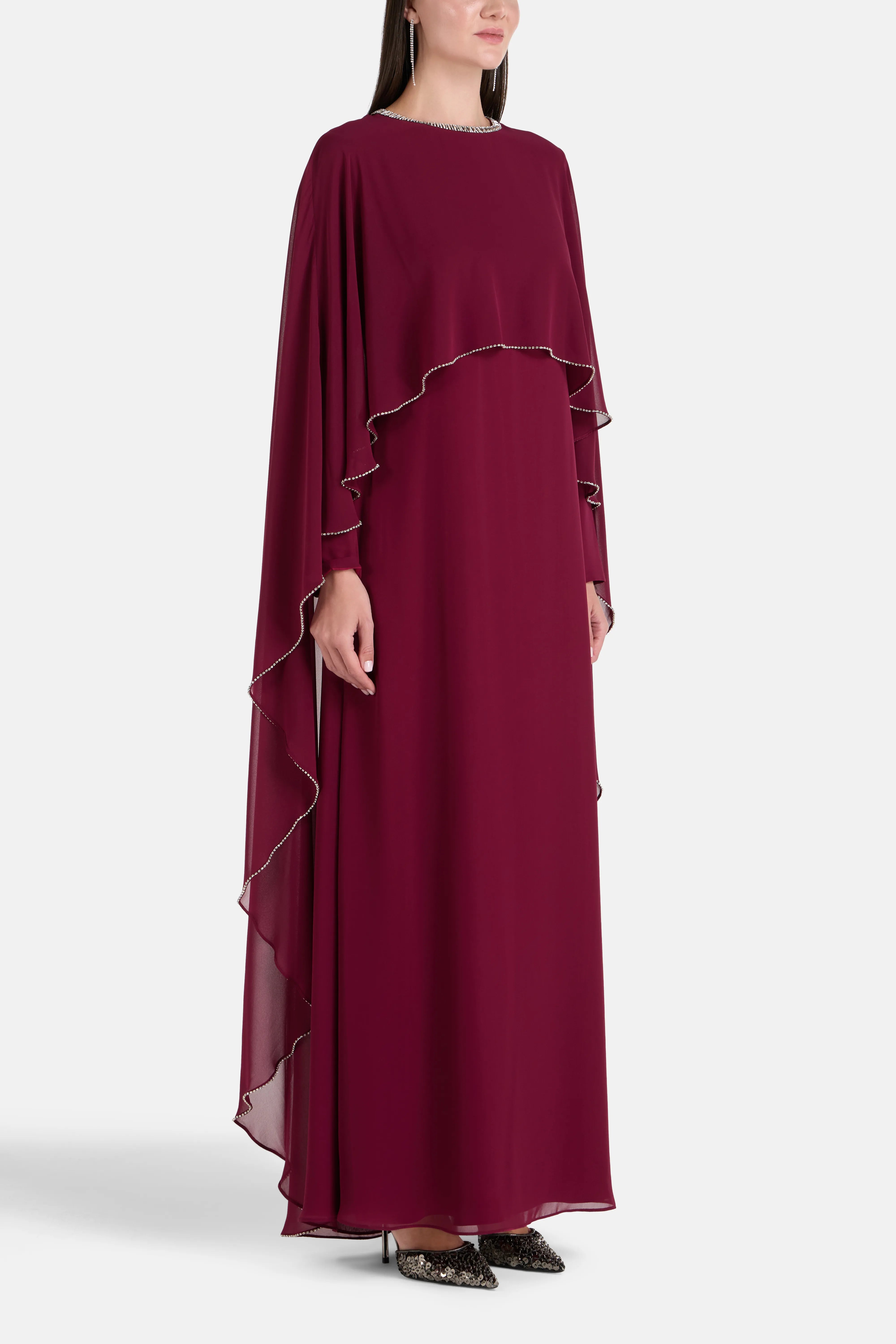 Samira Cape Sleeves Embellished Evening Dress in Burgundy