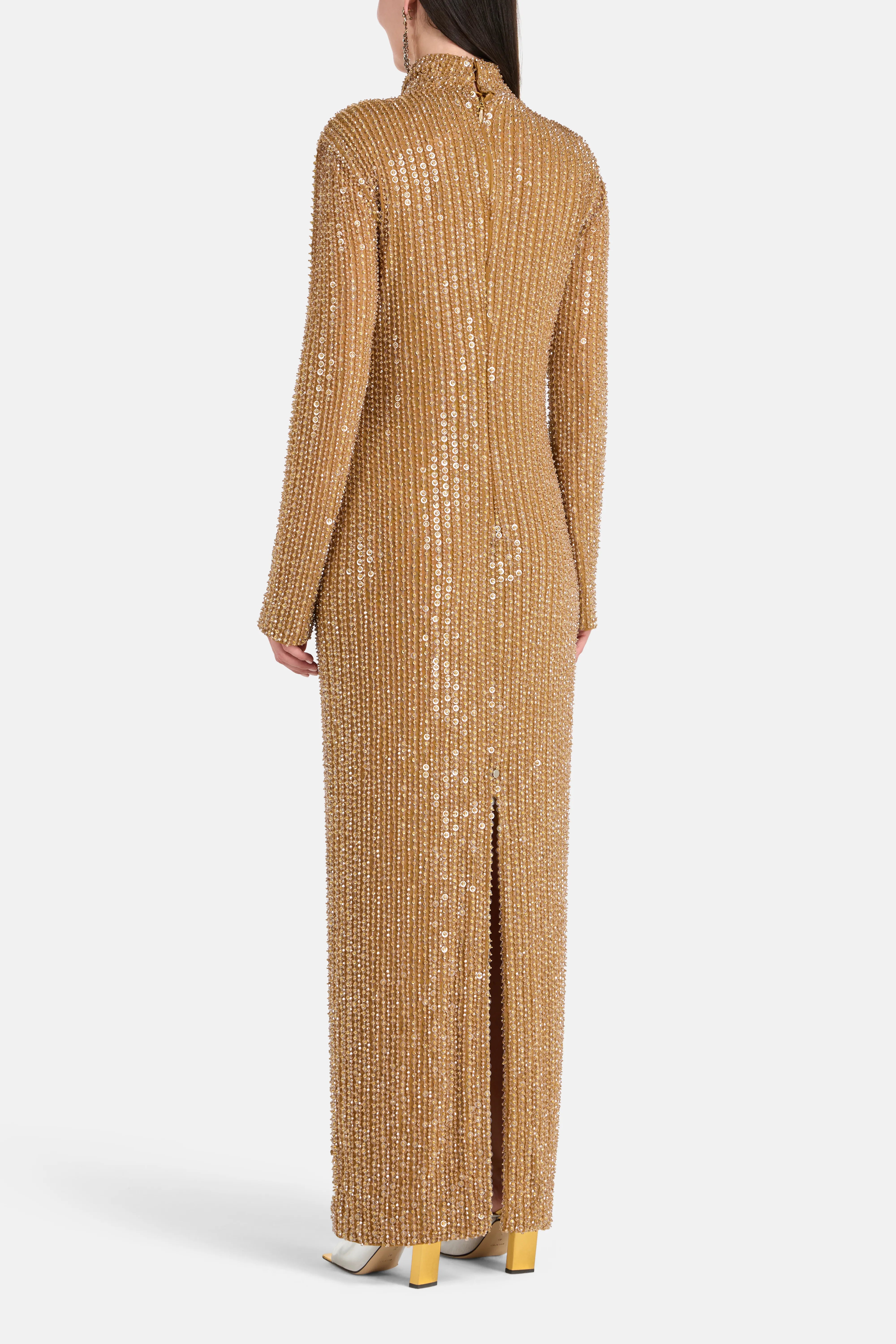 Long Sleeves Embellished Evening Dress in Gold