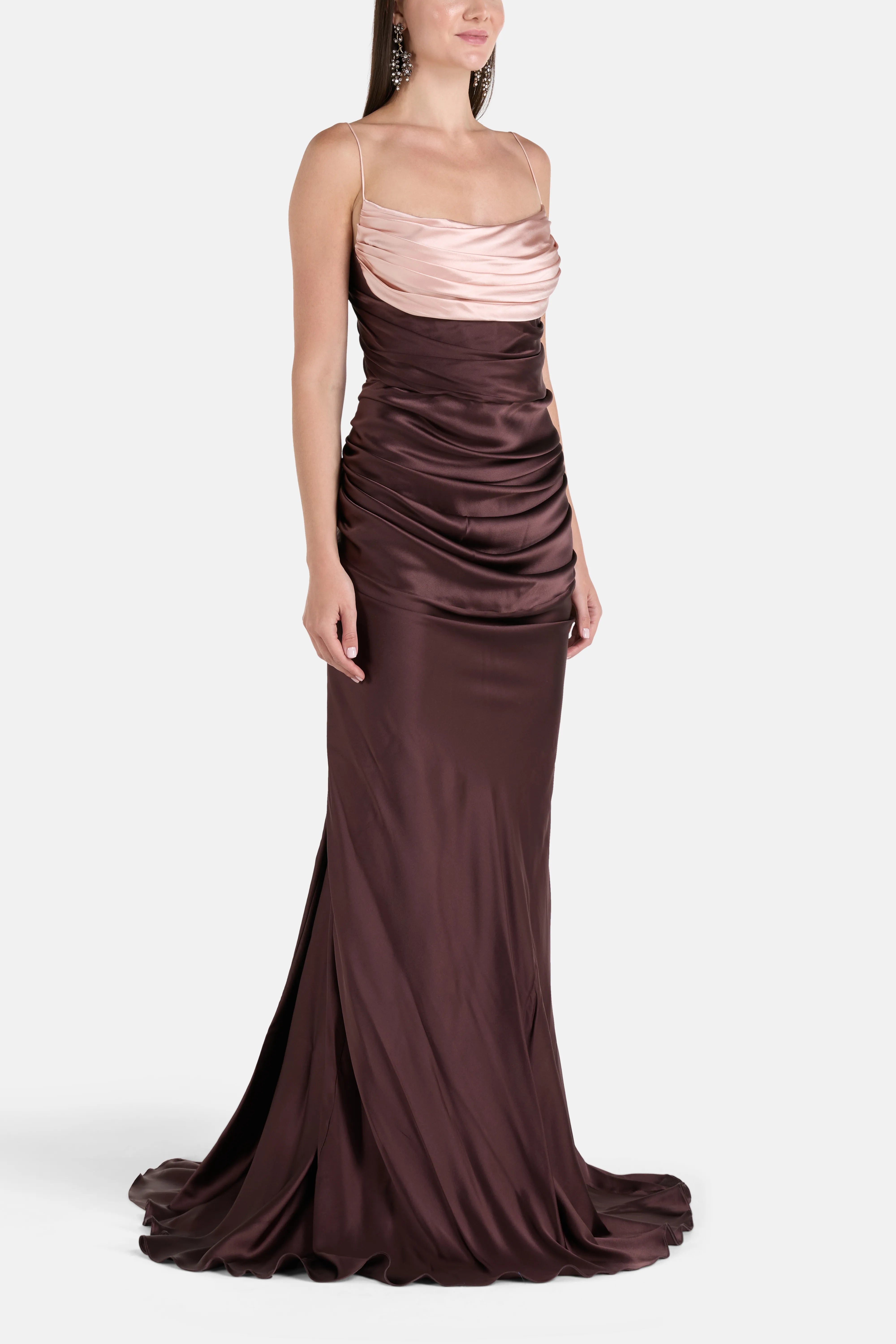 Zahra Silk Sleeveless Evening Dress in Brown and Pink