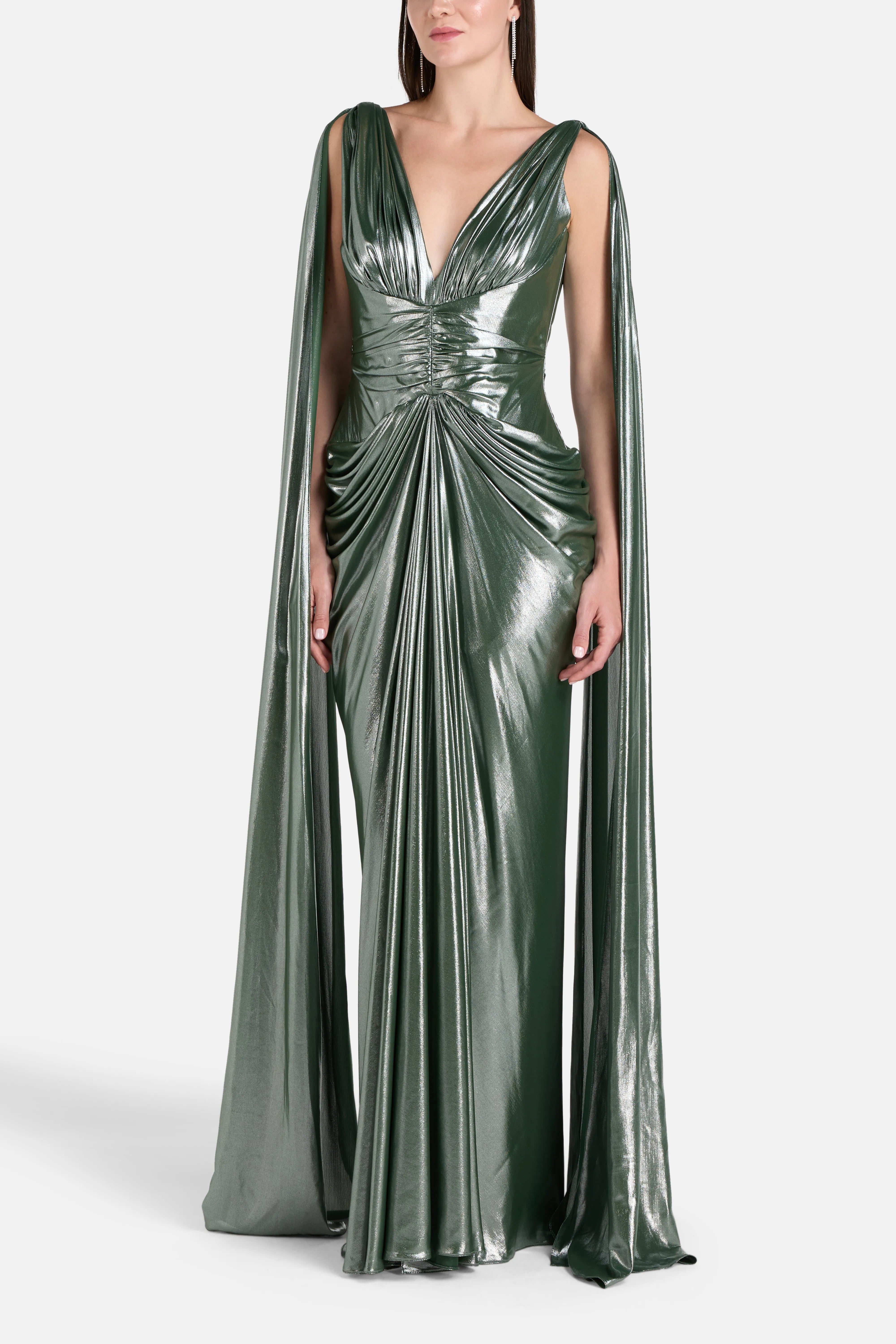 Layla Ruched Cape Sleeves Evening Dress in Green