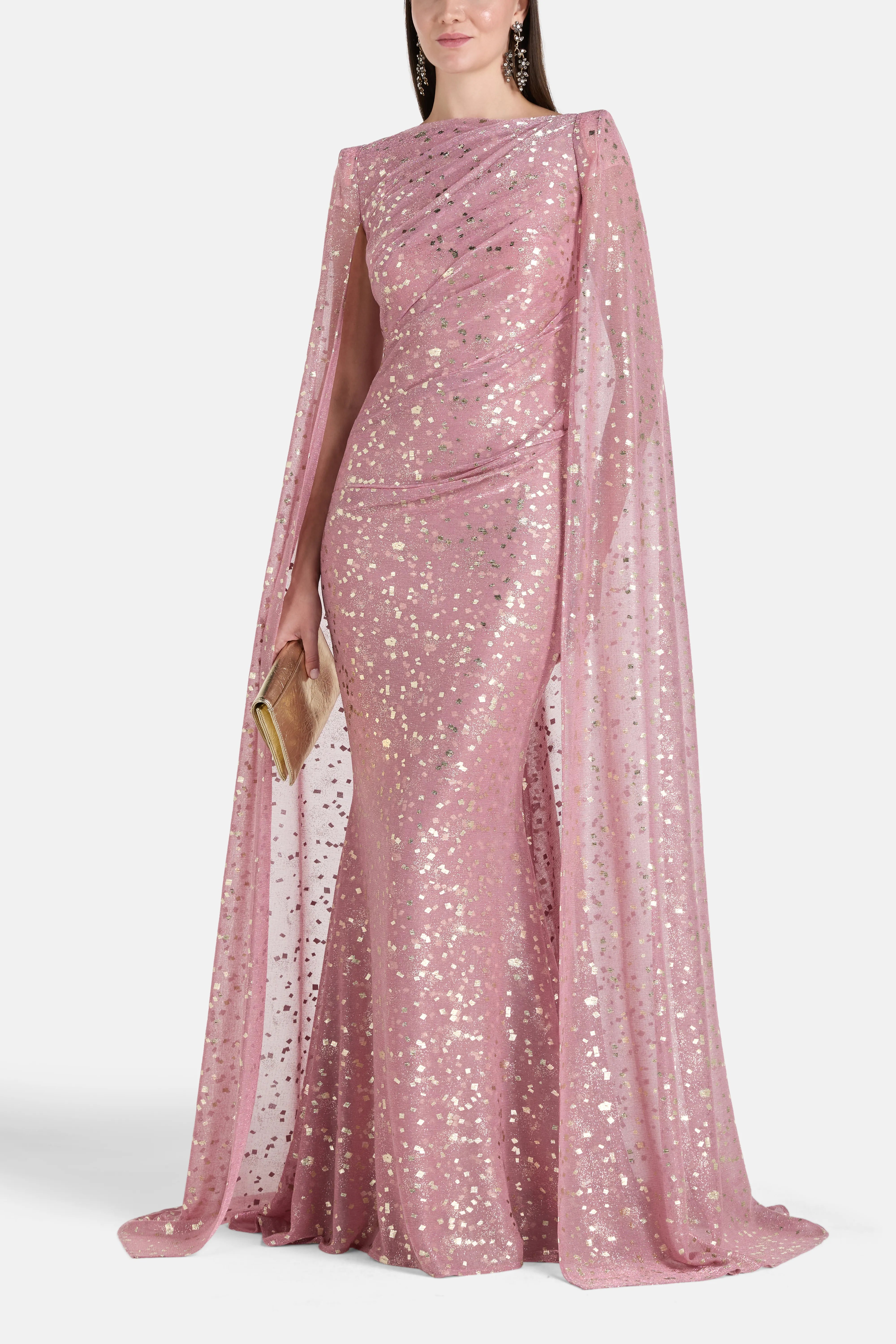 Metallic Shimmer Voile Cape Evening Gown in Pink