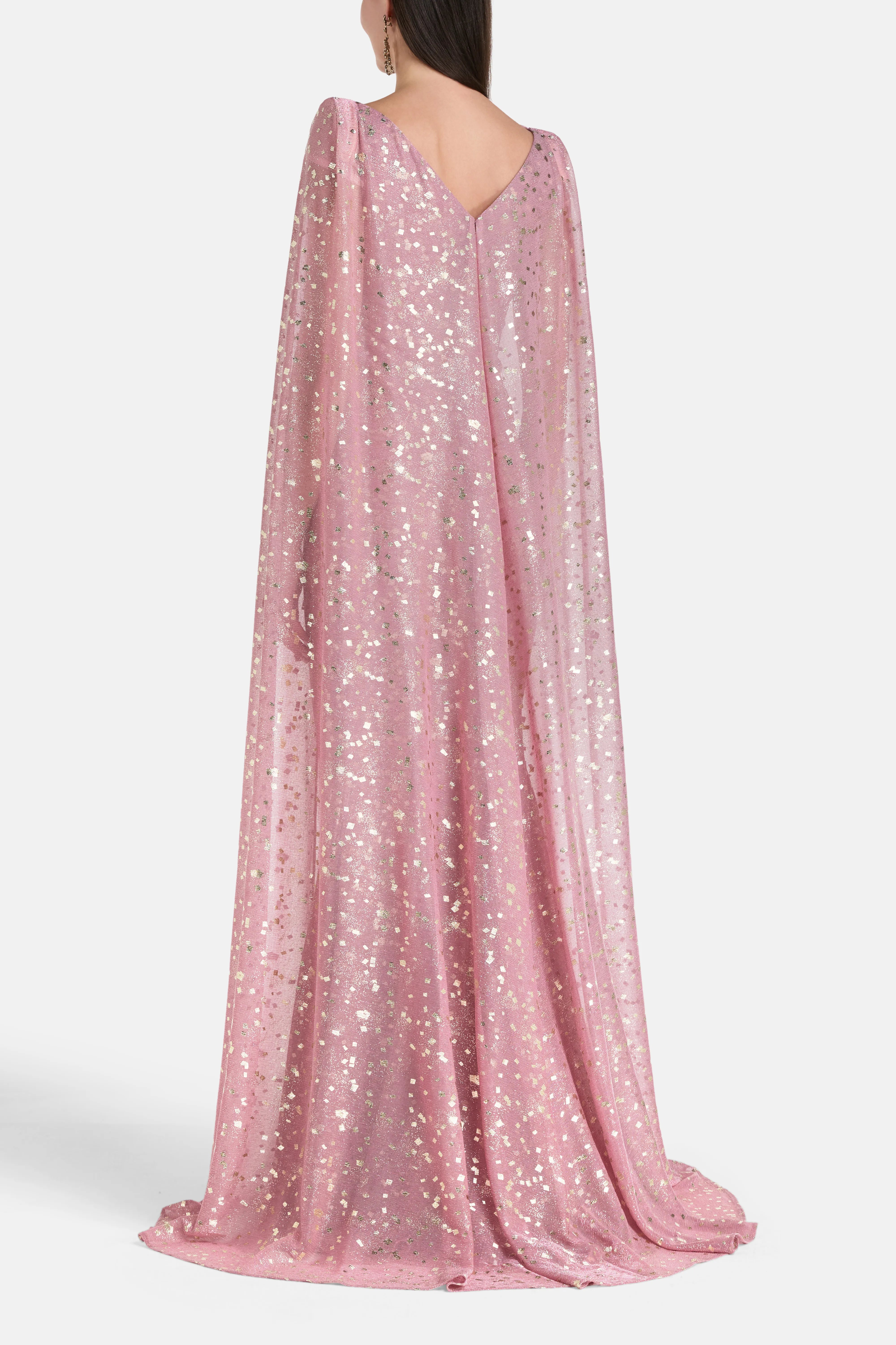 Metallic Shimmer Voile Cape Evening Gown in Pink