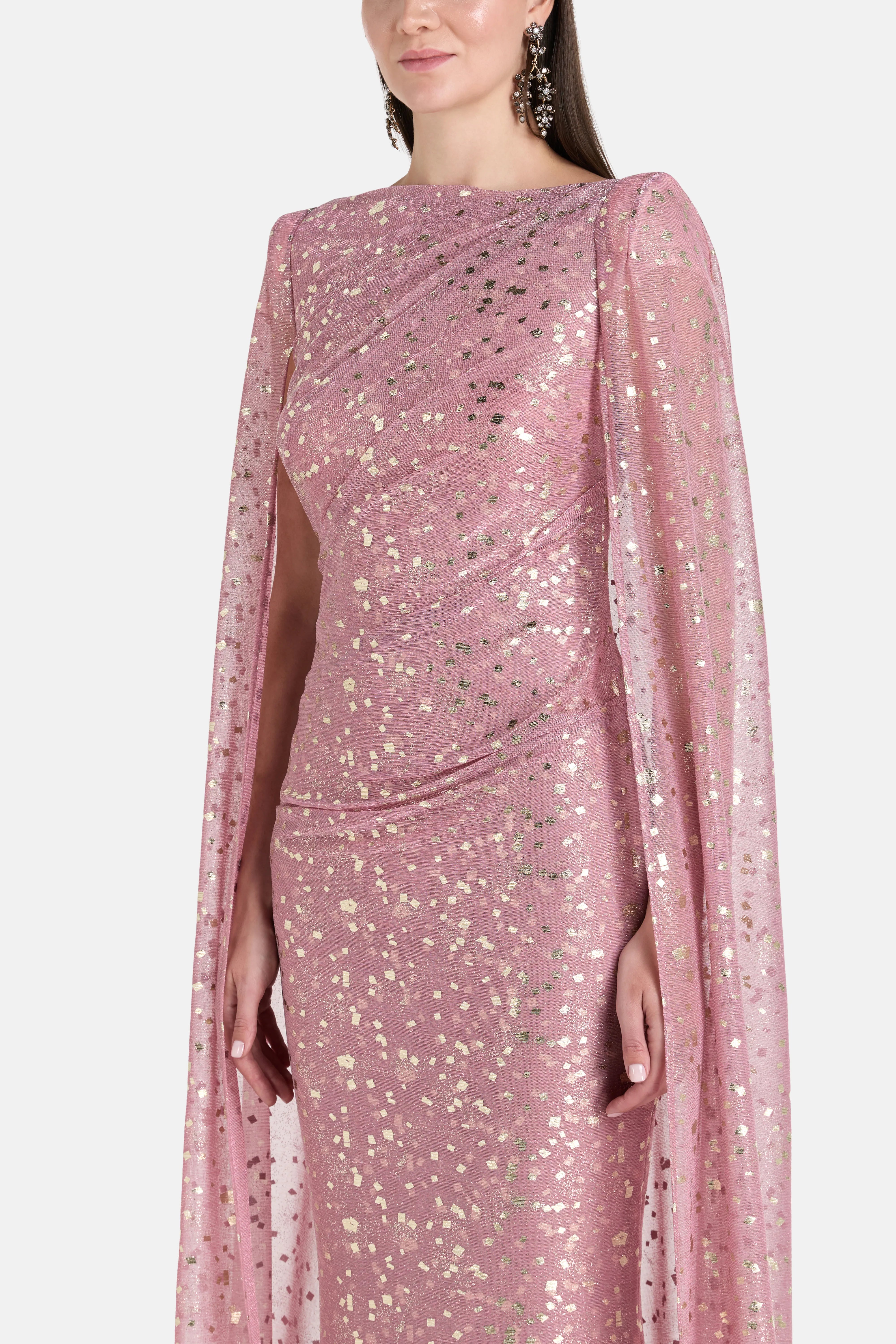 Metallic Shimmer Voile Cape Evening Gown in Pink