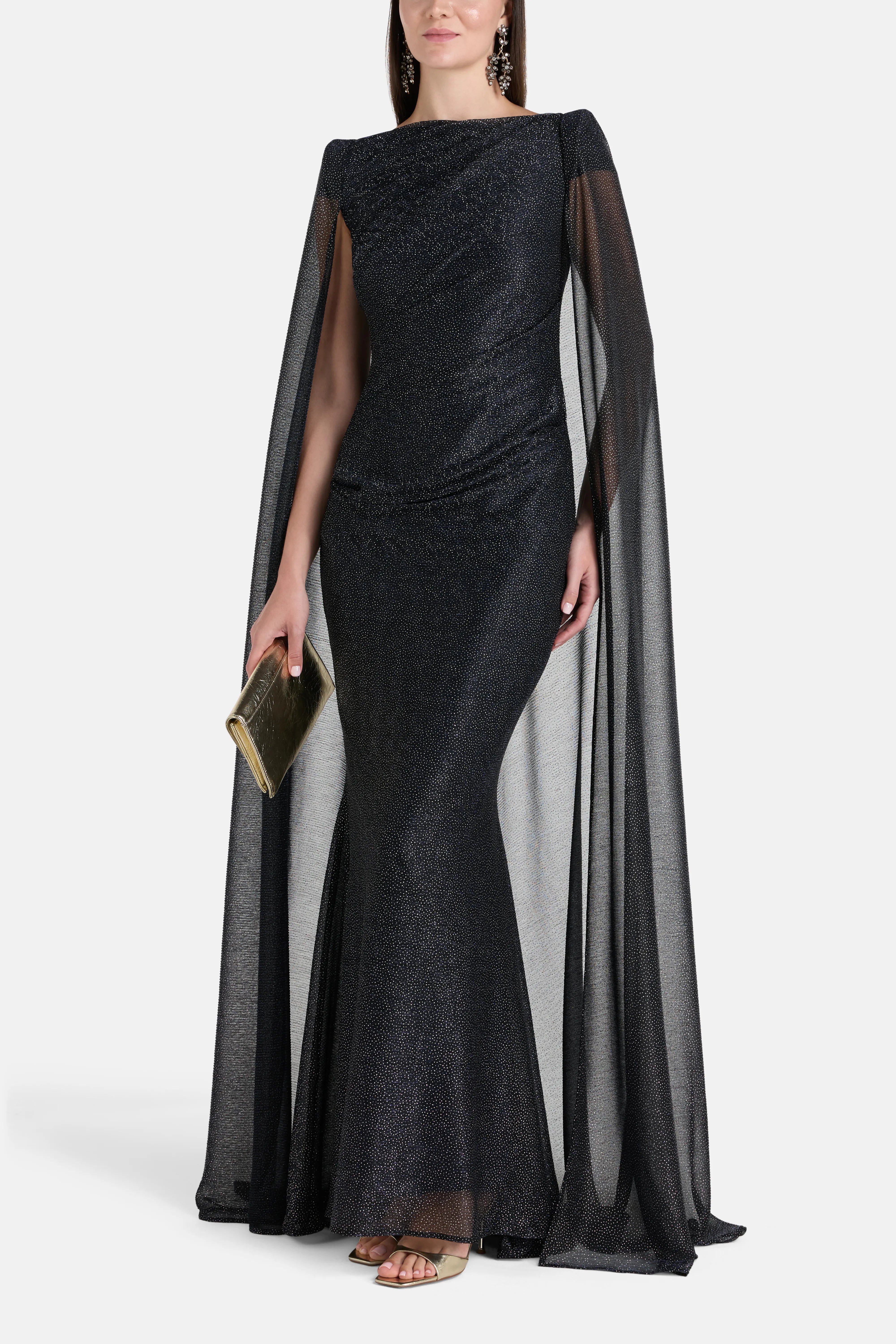 Buy the Blue Lucy In The Sky Shimmer Voile Cape Evening Gown