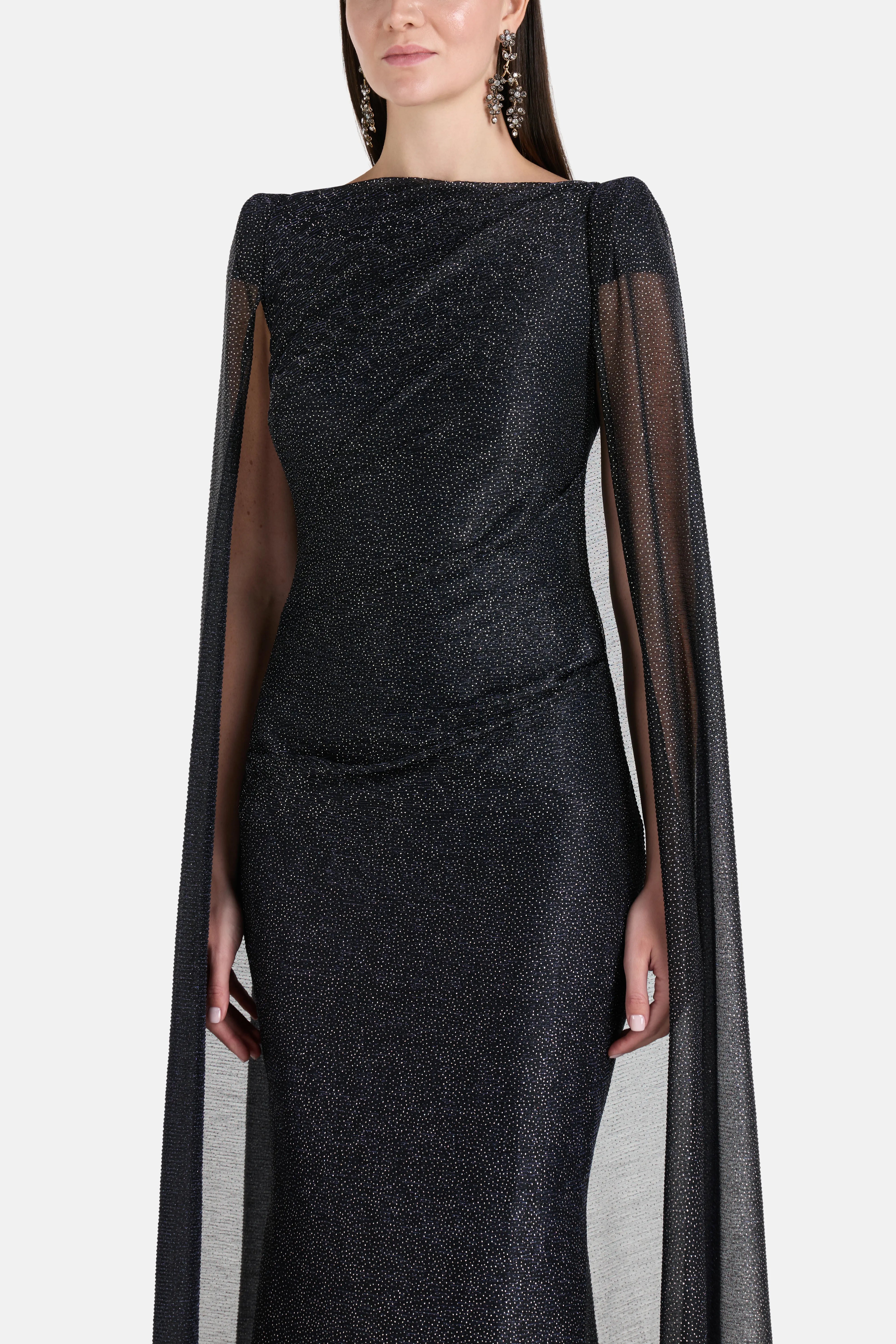 Buy the Blue Lucy In The Sky Shimmer Voile Cape Evening Gown