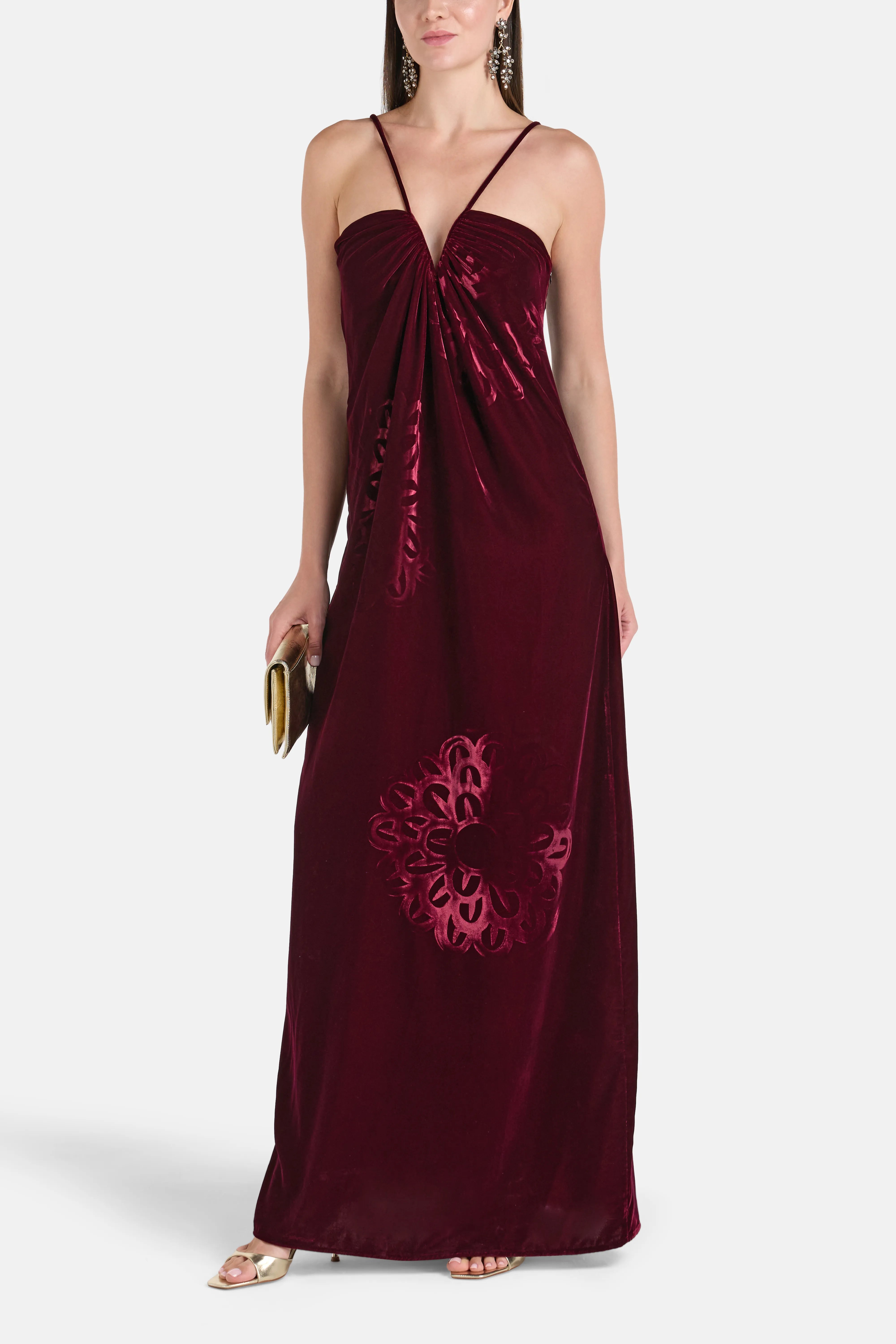 Anthos Spaghetti Straps Sleeveless Silk Velvet Maxi Dress in Burgundy