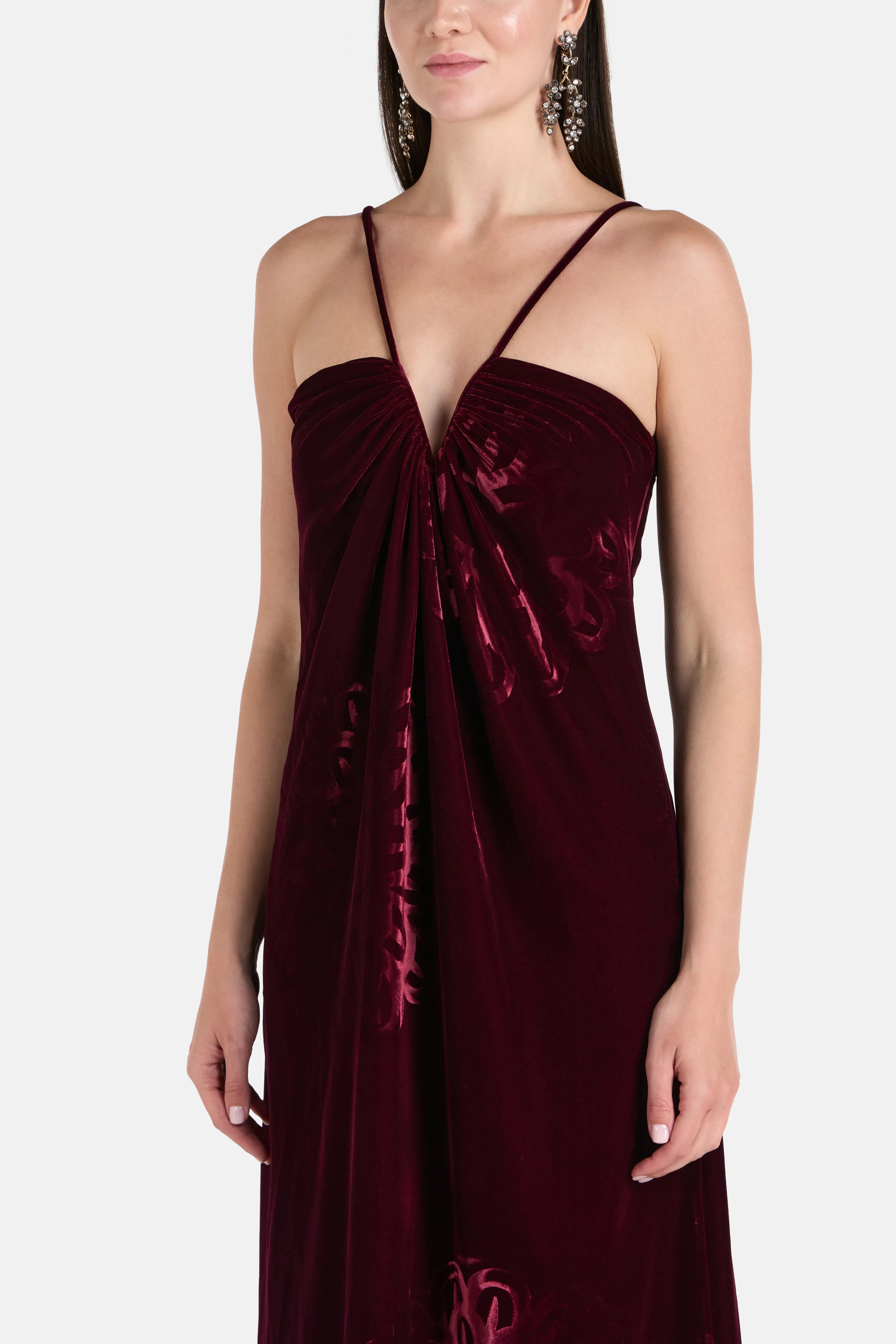 Anthos Spaghetti Straps Sleeveless Silk Velvet Maxi Dress in Burgundy