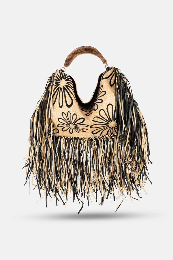Fringed Raffia Top Handle Bag in Brown