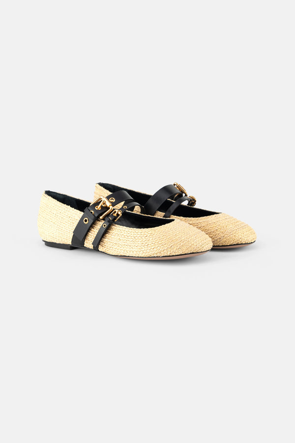 Raffia Gold Buckle Ballerina Flats in Black