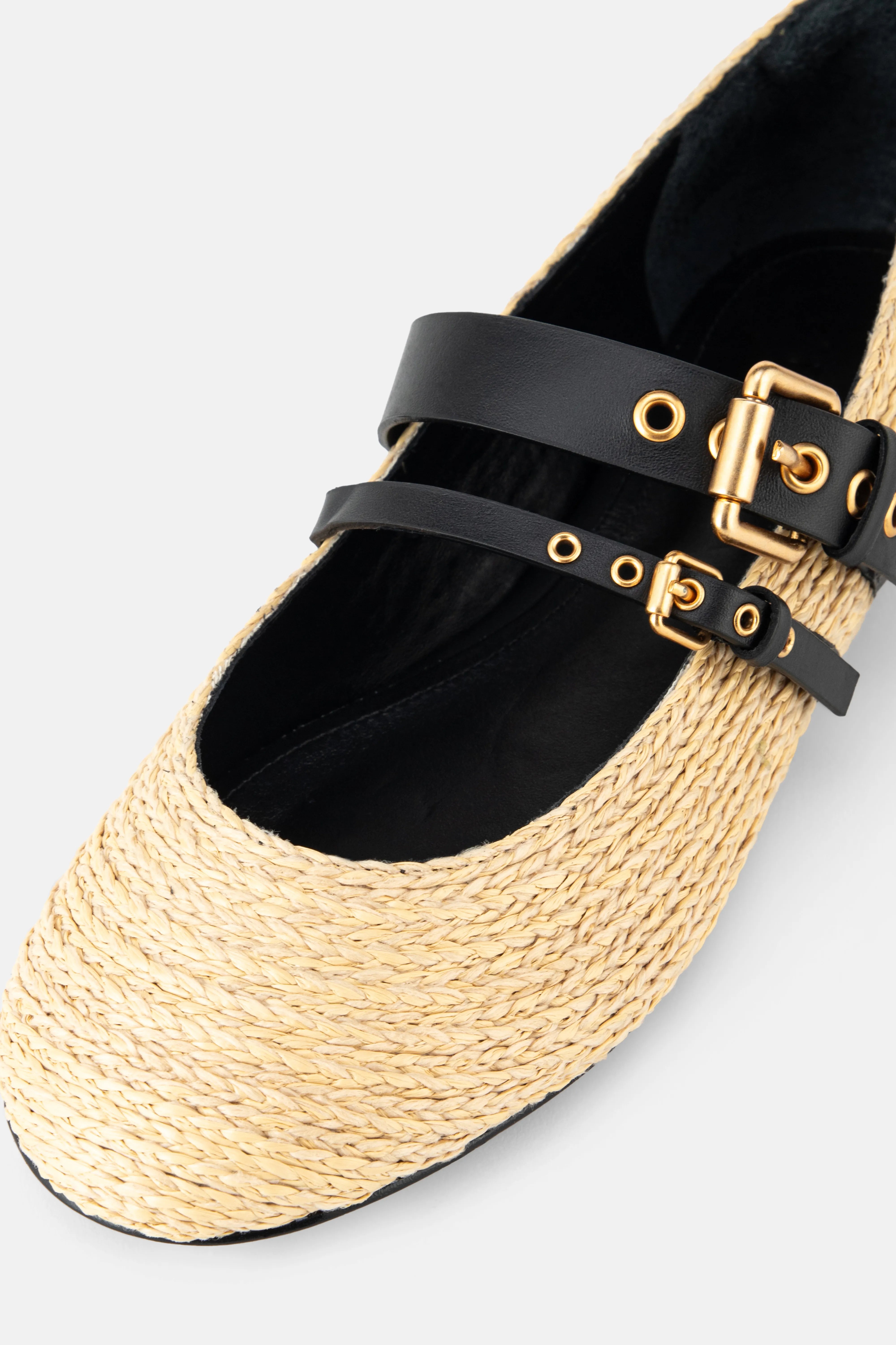 Raffia Gold Buckle Ballerina Flats in Black