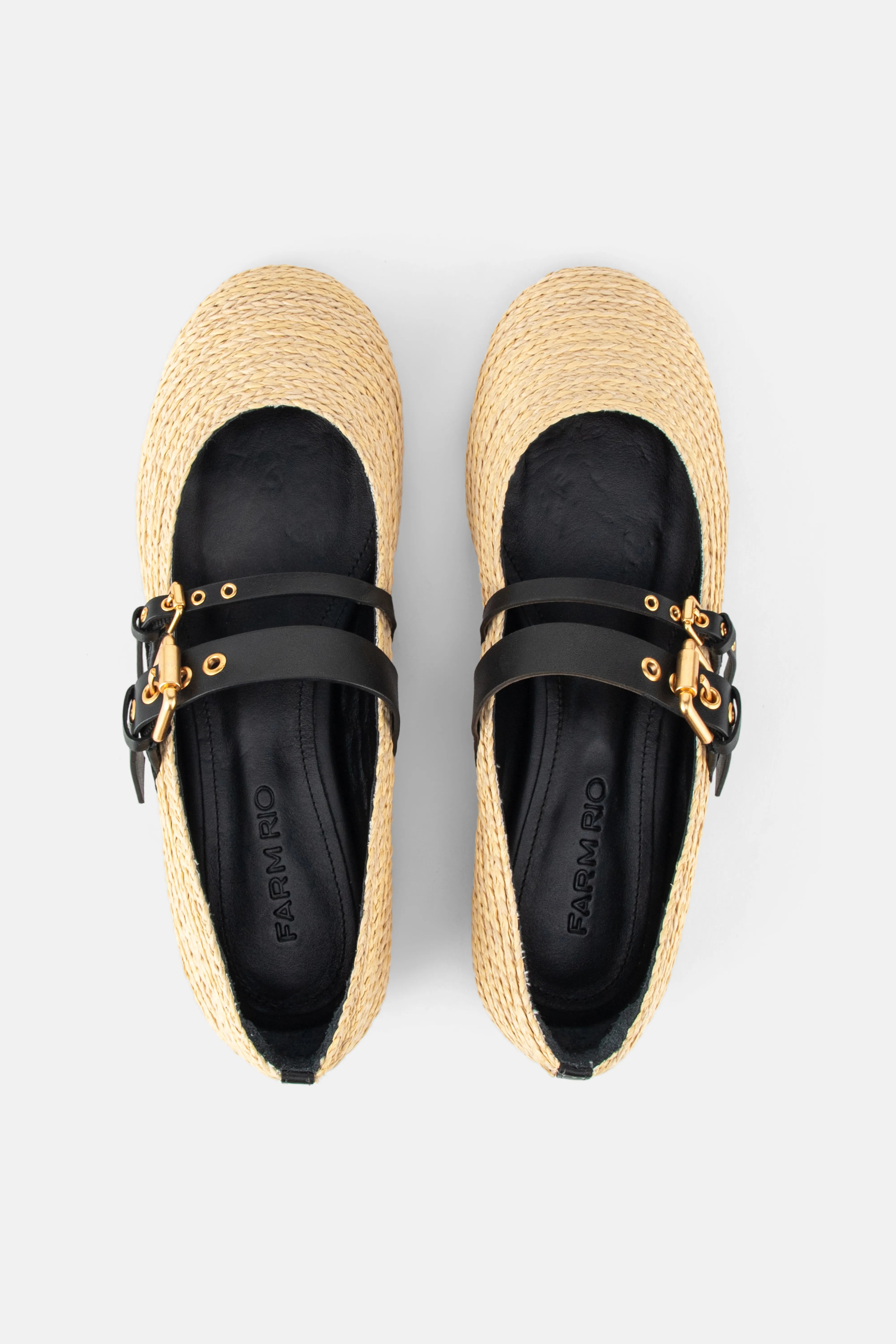 Raffia Gold Buckle Ballerina Flats in Black