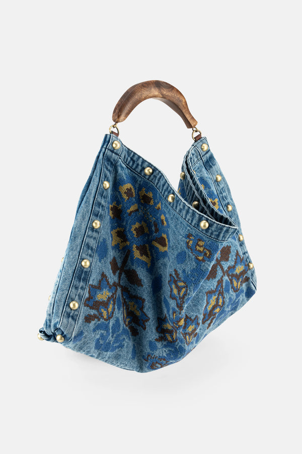 Denim Patterned Top Handle Bag in Blue